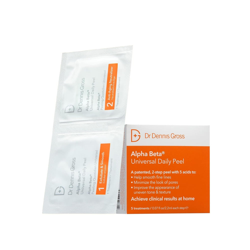 Dr Dennis Gross Alpha Beta Universal Daily Peel, botella en primer plano para brillo inmediato en la piel