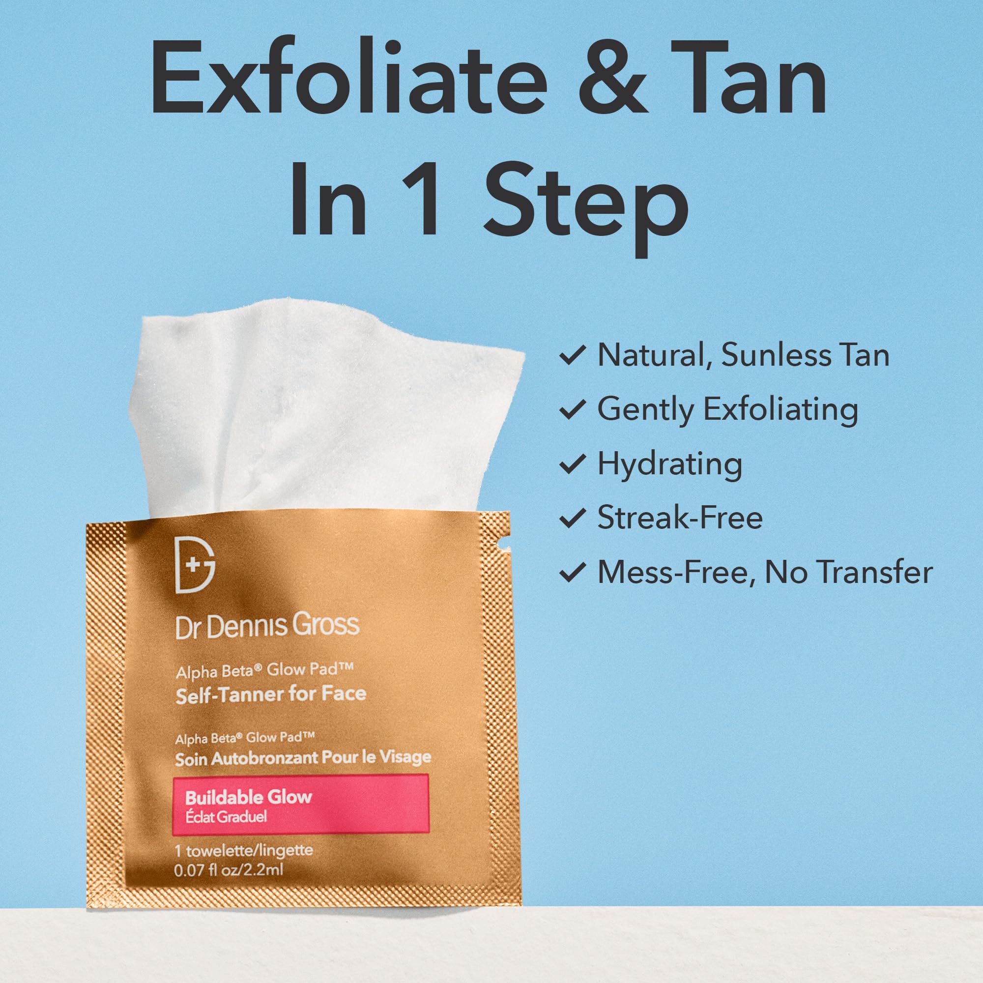 Dr Dennis Gross Glow Pad Face towelette dries quickly, enabling buildable color.