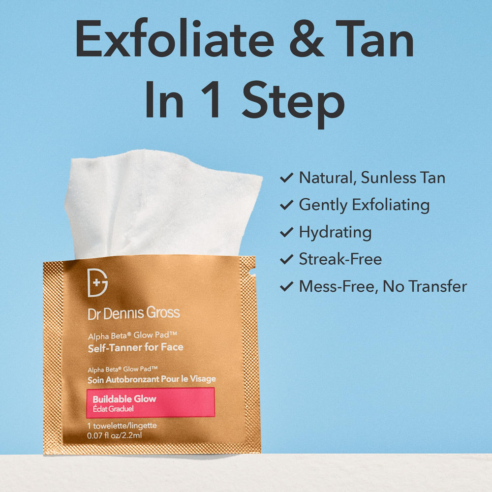Dr Dennis Gross Glow Pad Face towelette dries quickly, enabling buildable color.
