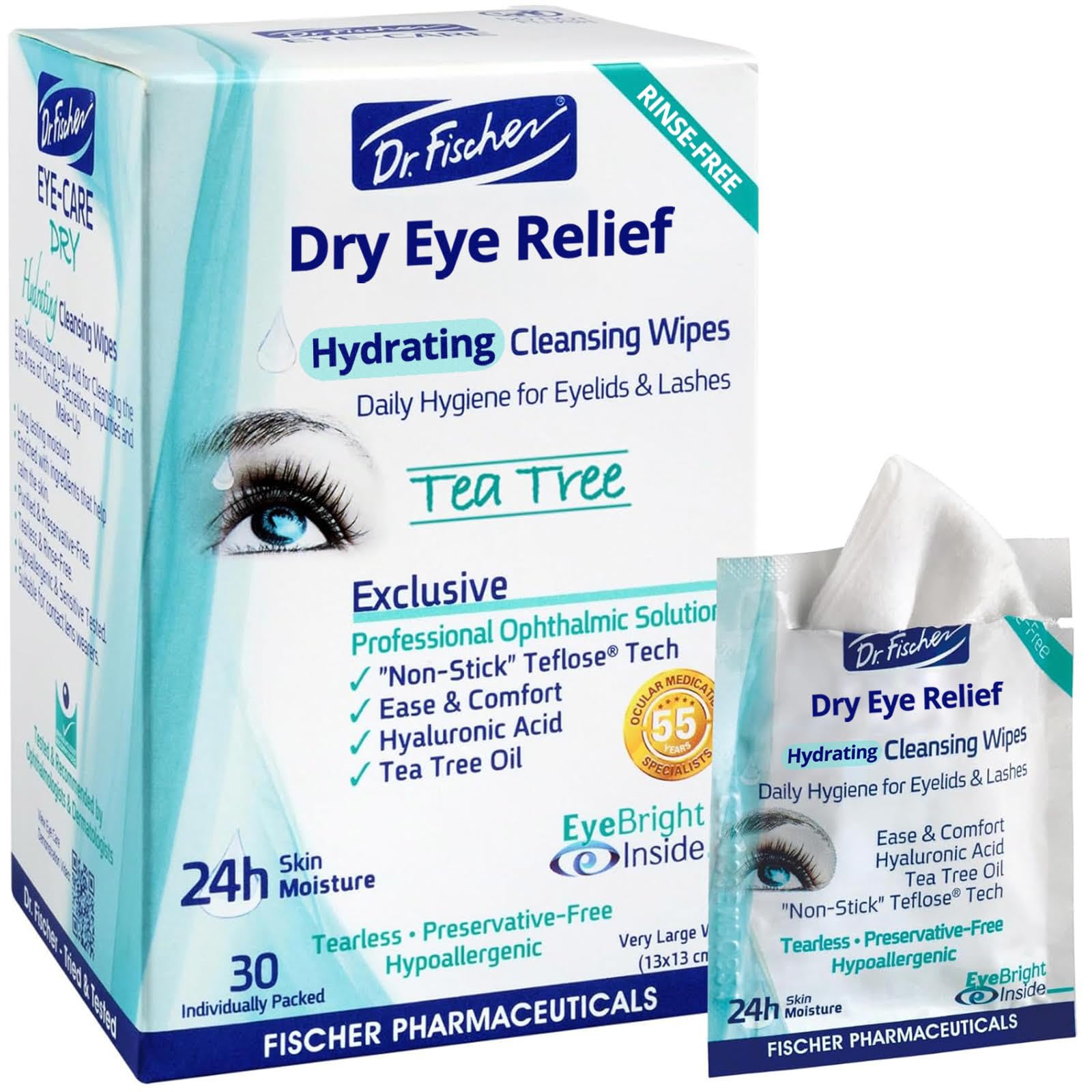 Dr Fischer, empaque de toallitas oculares, ideal para limpieza diaria suave.