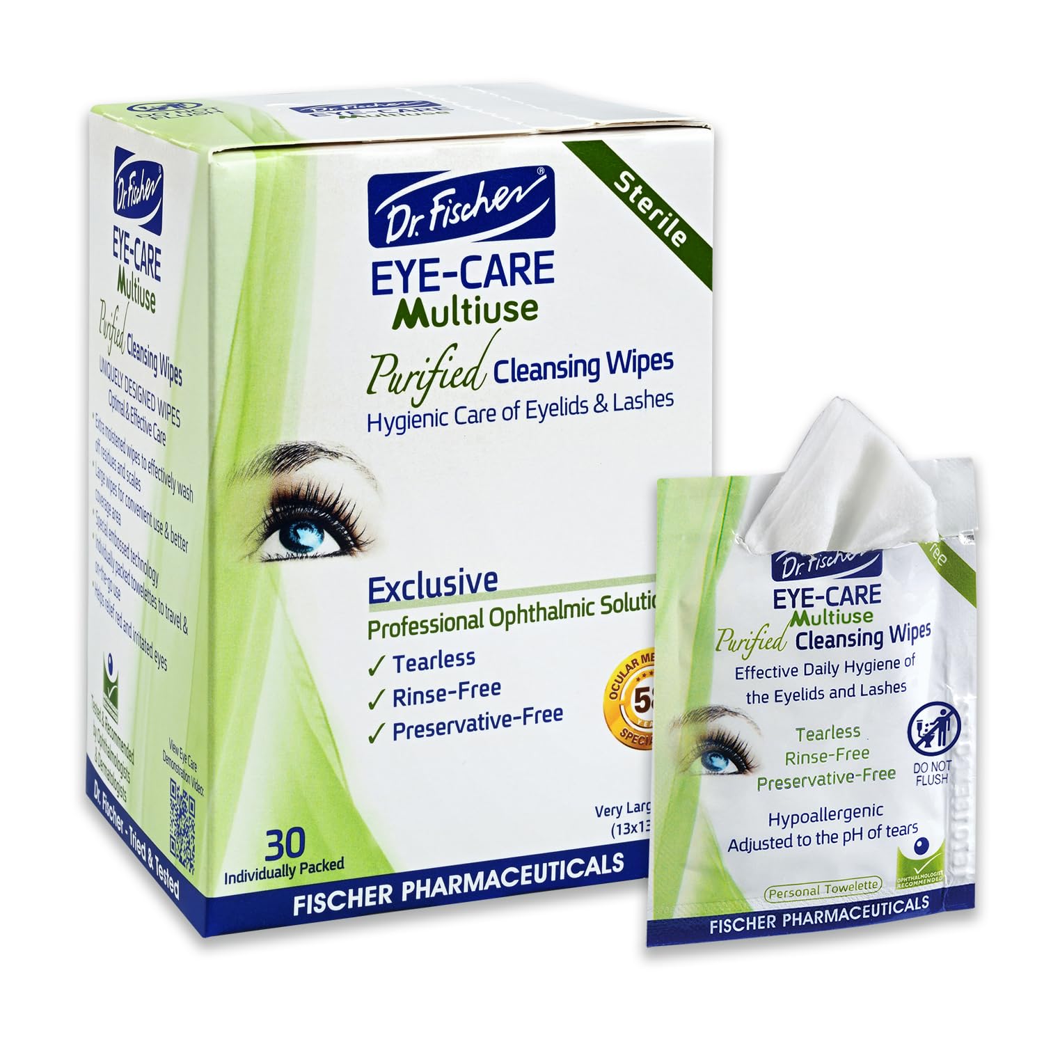 Dr. Fischer toallitas para párpados en empaque compacto, ideal para uso diario
