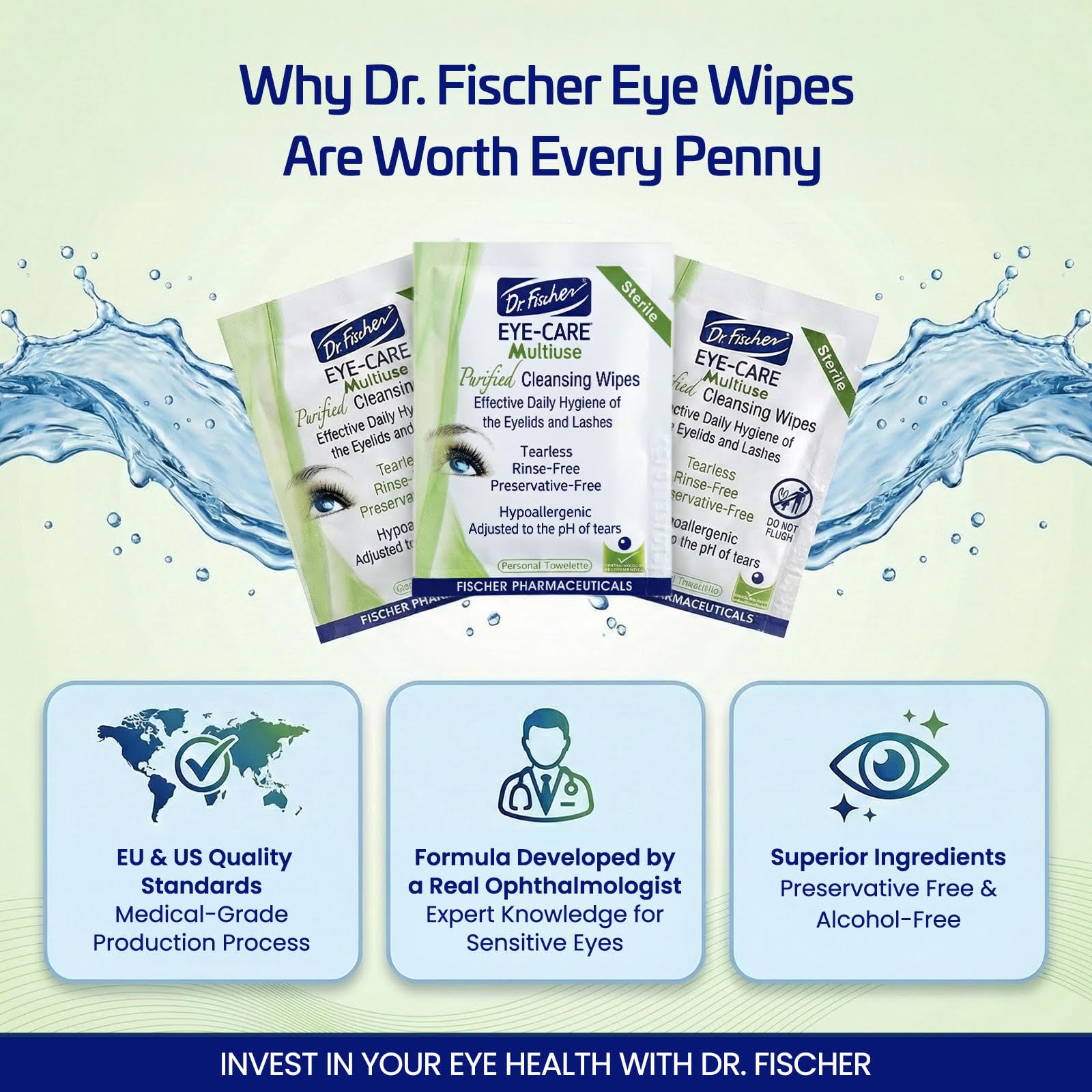 Dr. Fischer toallitas para párpados suave sin irritantes para piel sensible