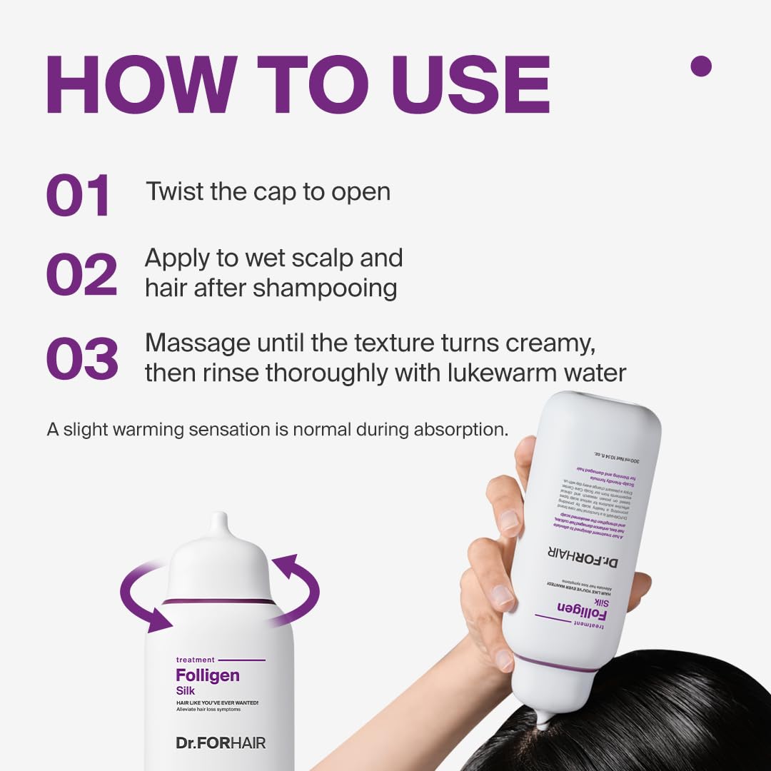 Post-use DR.FORHAIR Folligen Silk Treatment reveals lift and body.