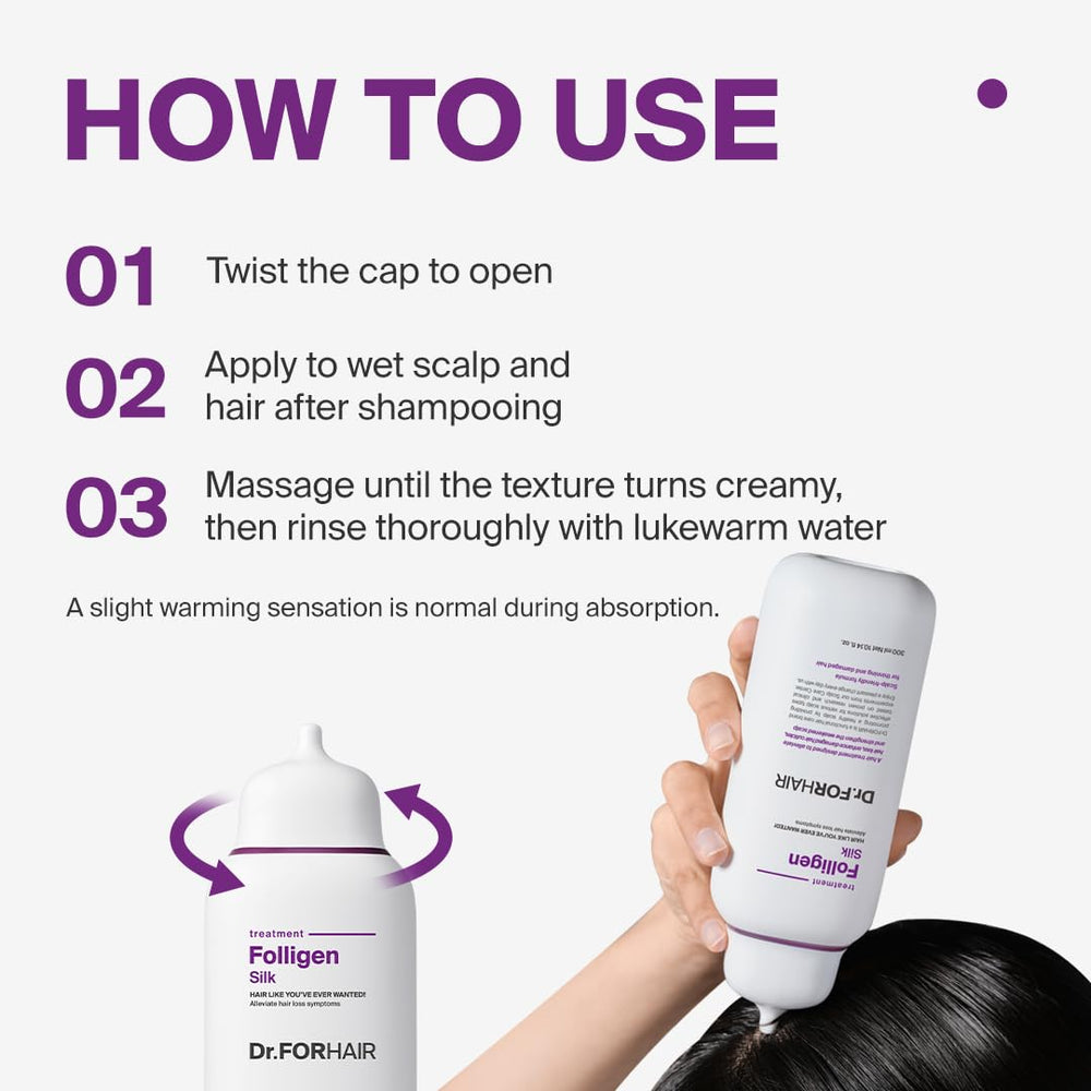 Post-use DR.FORHAIR Folligen Silk Treatment reveals lift and body.