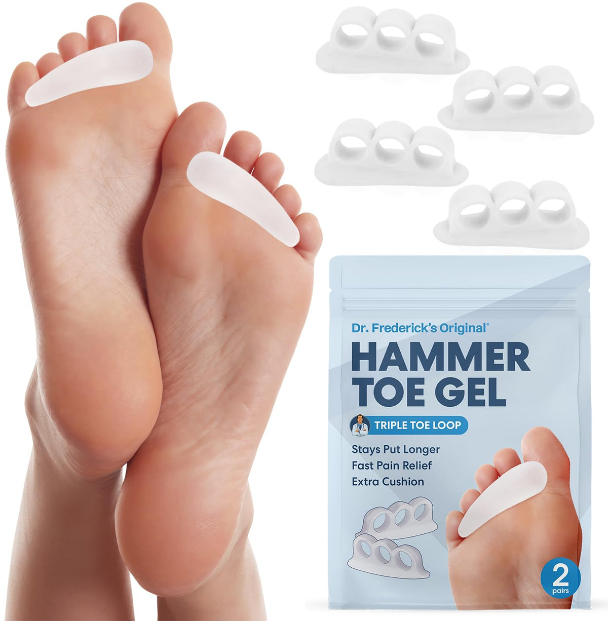 Dr. Frederick's Original Hammer Toe Corrector Gels packaging, ready-to-use toe alignment aid.