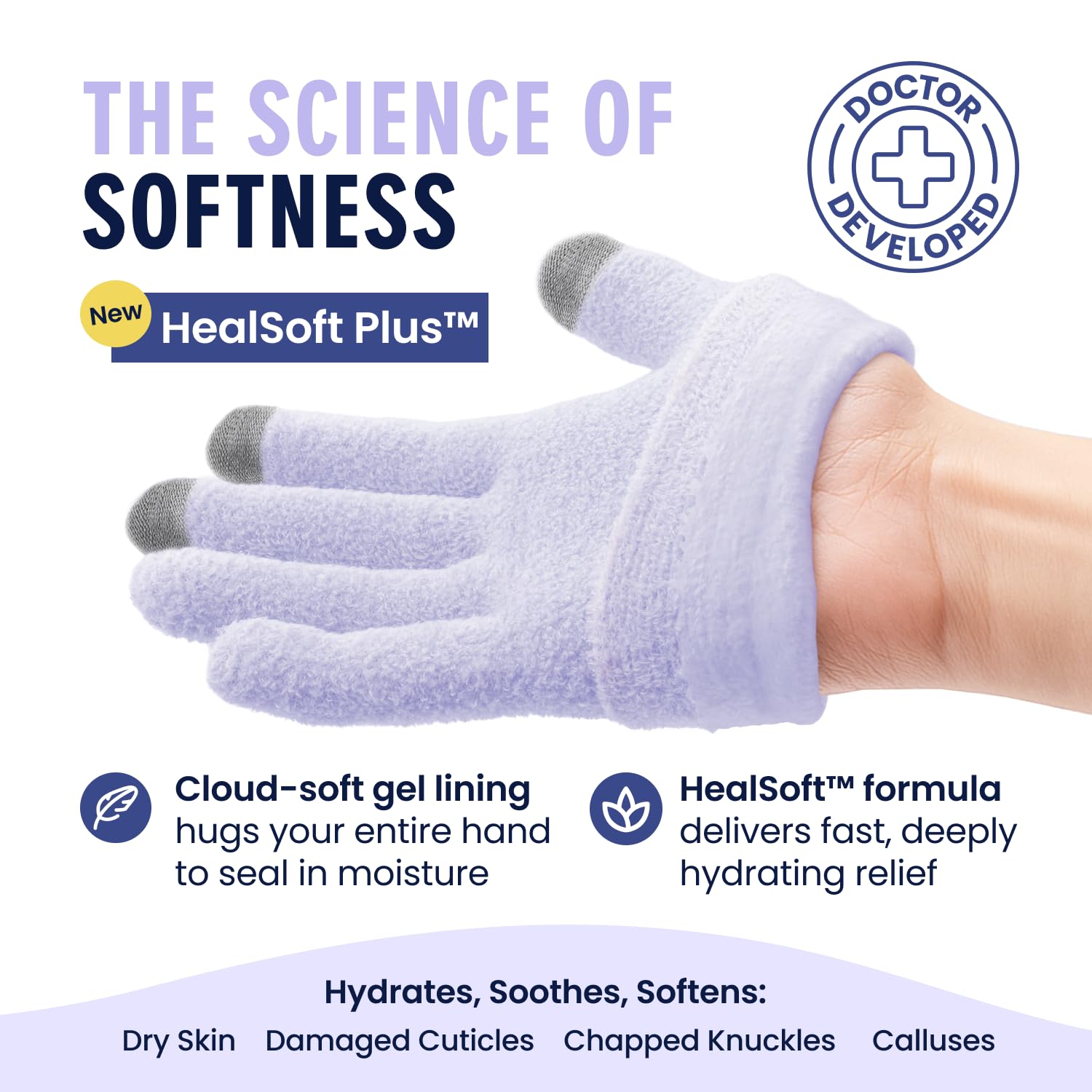 Interior con Gel HealSoft potencia hidratación suave y uniforme en todo el dorso de la mano.