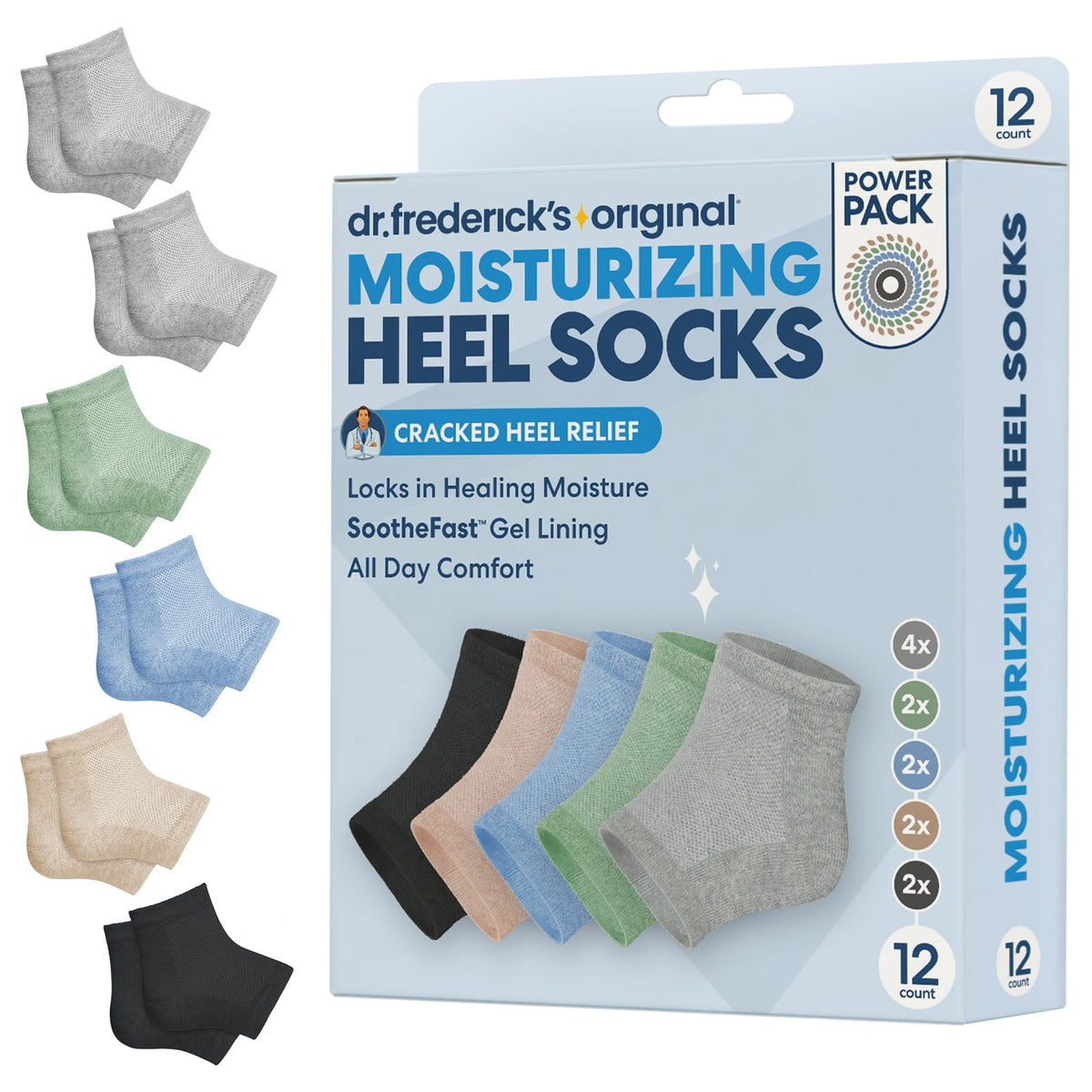 Dr. Frederick's Original moisturizing heel socks box for at-home foot care.