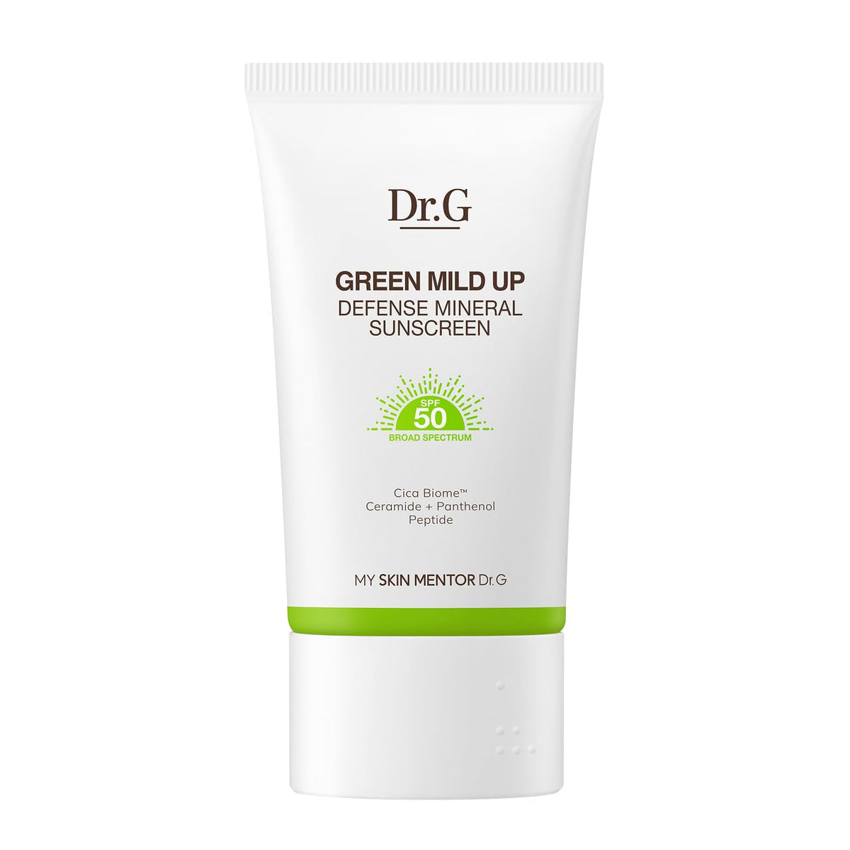 Dr. G protector solar mineral SPF50 en botella, protección suave para piel sensible.