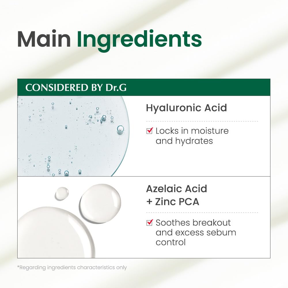 Dr.G R.E.D. Blemish Soothing Up, primer plano de ingredientes clave ácido hialurónico, hidratación duradera.