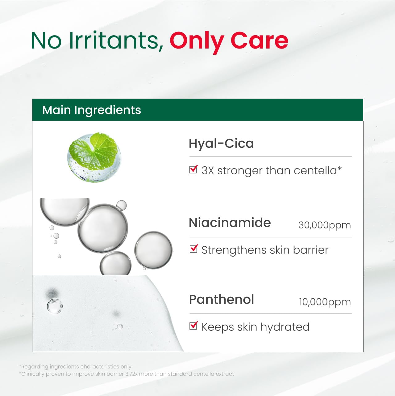 Dr. G R.E.D. ingredients centella asiatica niacinamide closeup.