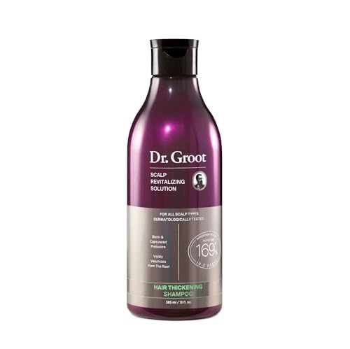 Dr. Groot Hair Thickening Shampoo bottle promoting fuller-looking roots.
