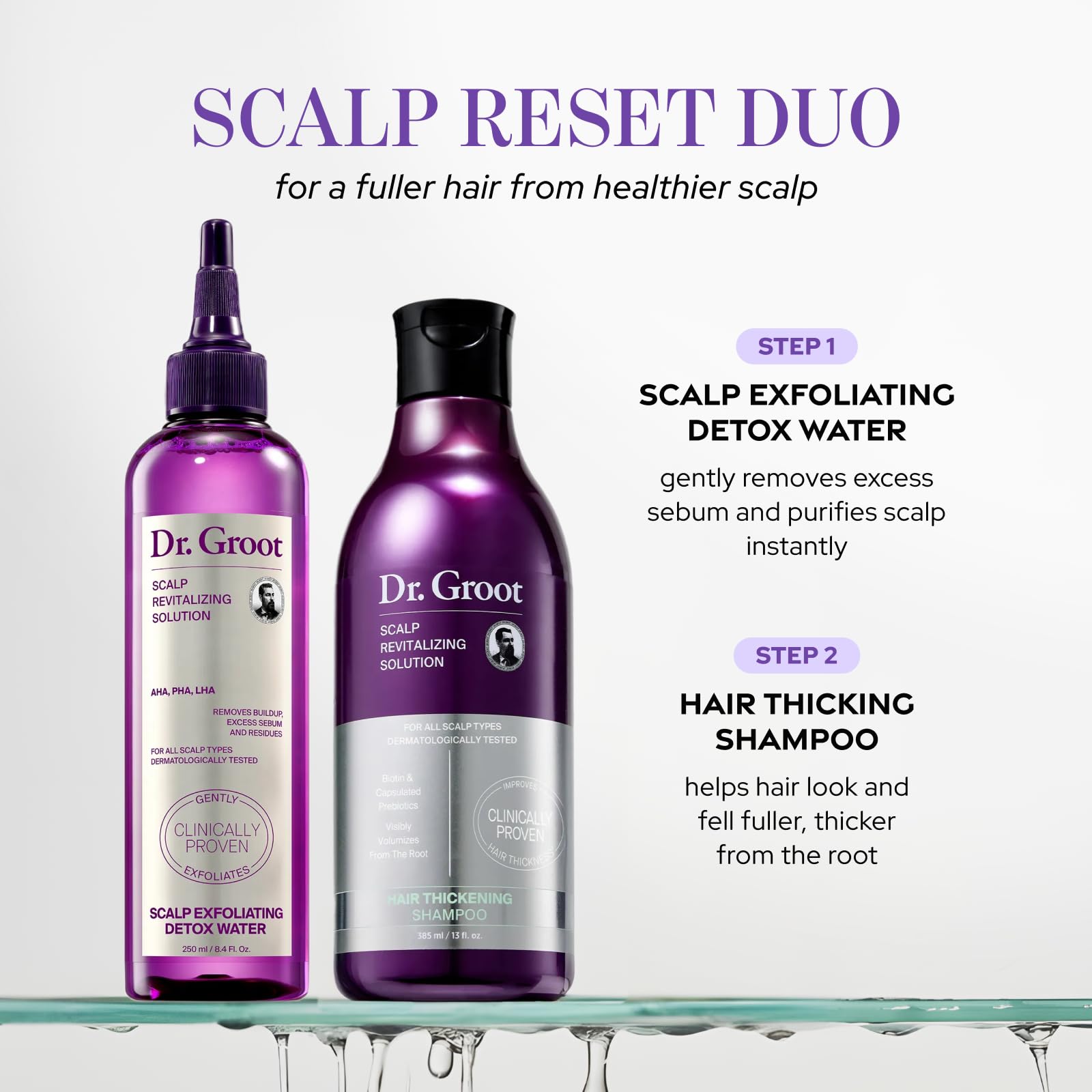 Dr. Groot Hair-thickening shampoo packaging displayed on a clean surface.