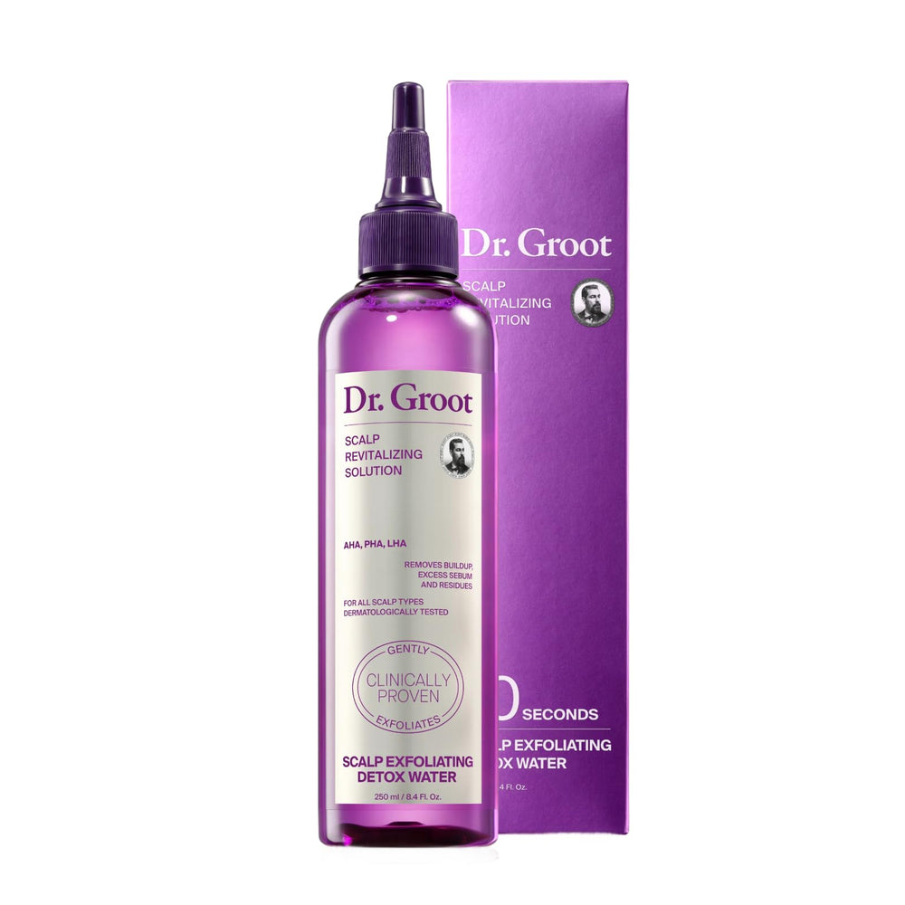 Dr. Groot Scalp Revitalizing Solution bottle close-up for quick scalp detox.