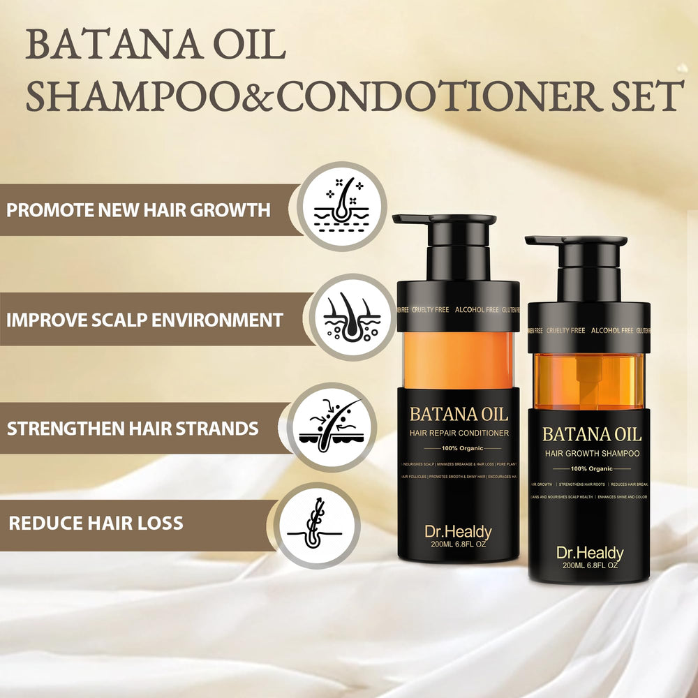 Dr. Healdy Batana Oil Conditioner bottle highlighting detangling and hydration benefits.