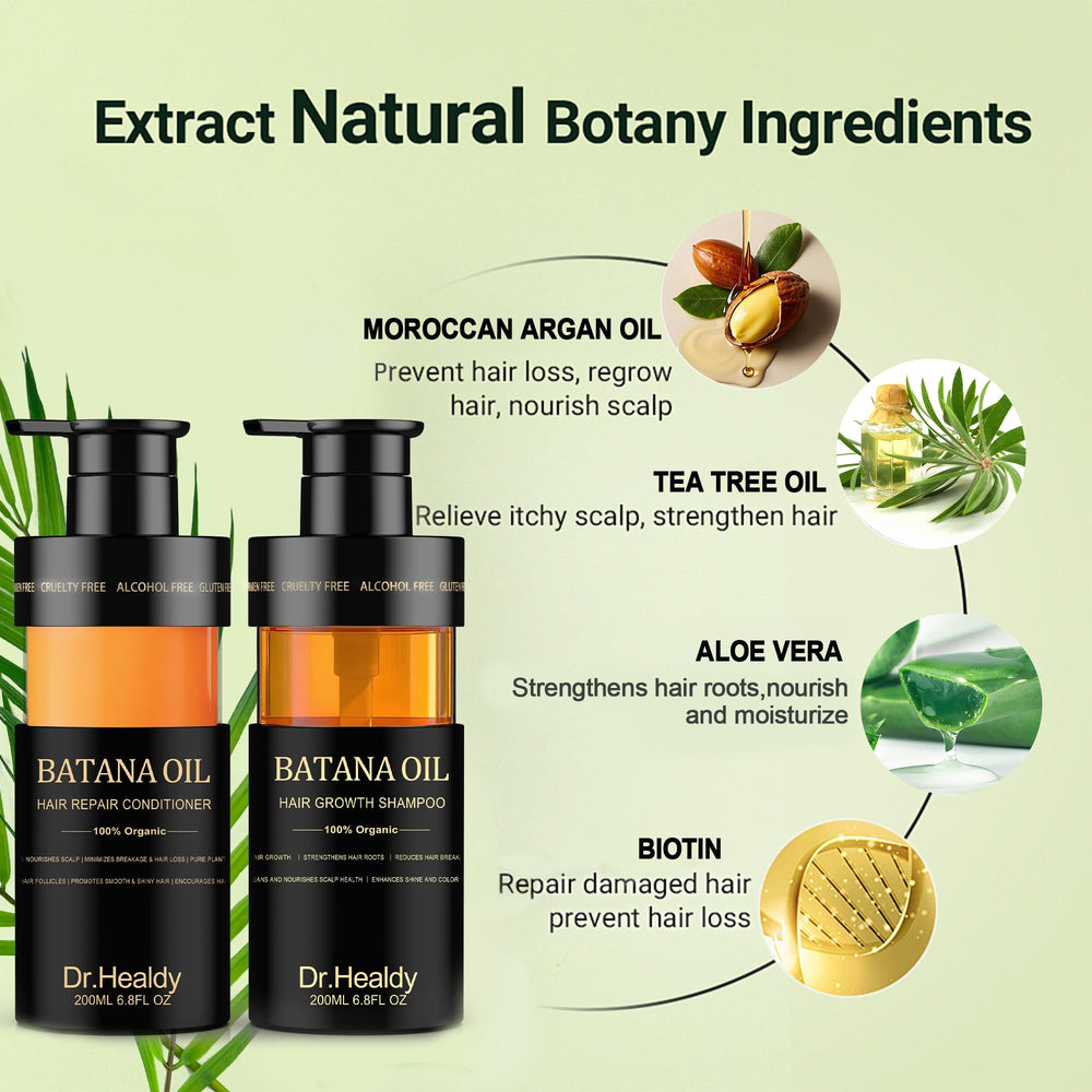 Packaging box of Dr. Healdy Batana Oil set with sulfate-free claim.