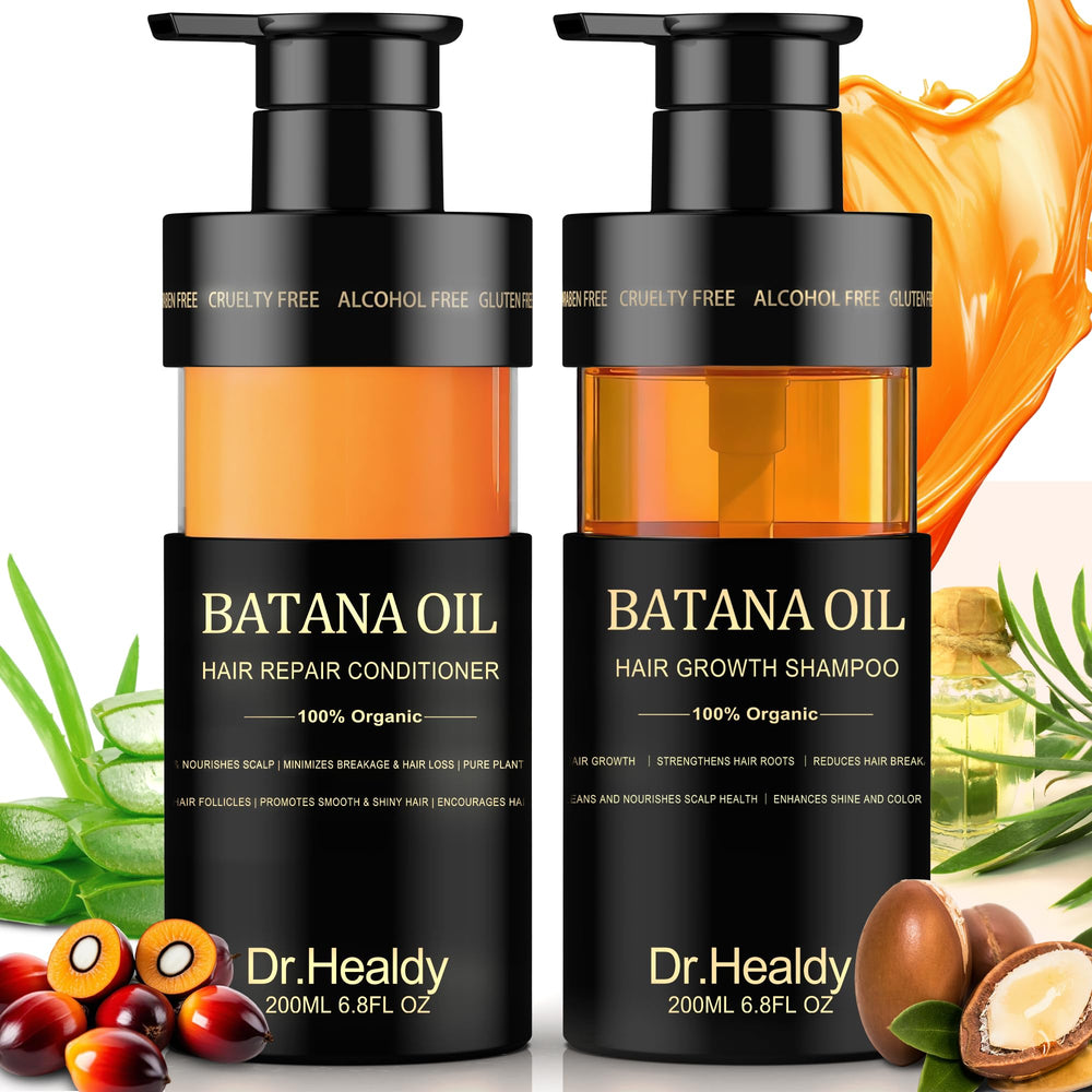 Dr. Healdy Batana Oil Shampoo bottle showing rich lather for scalp nourishment.