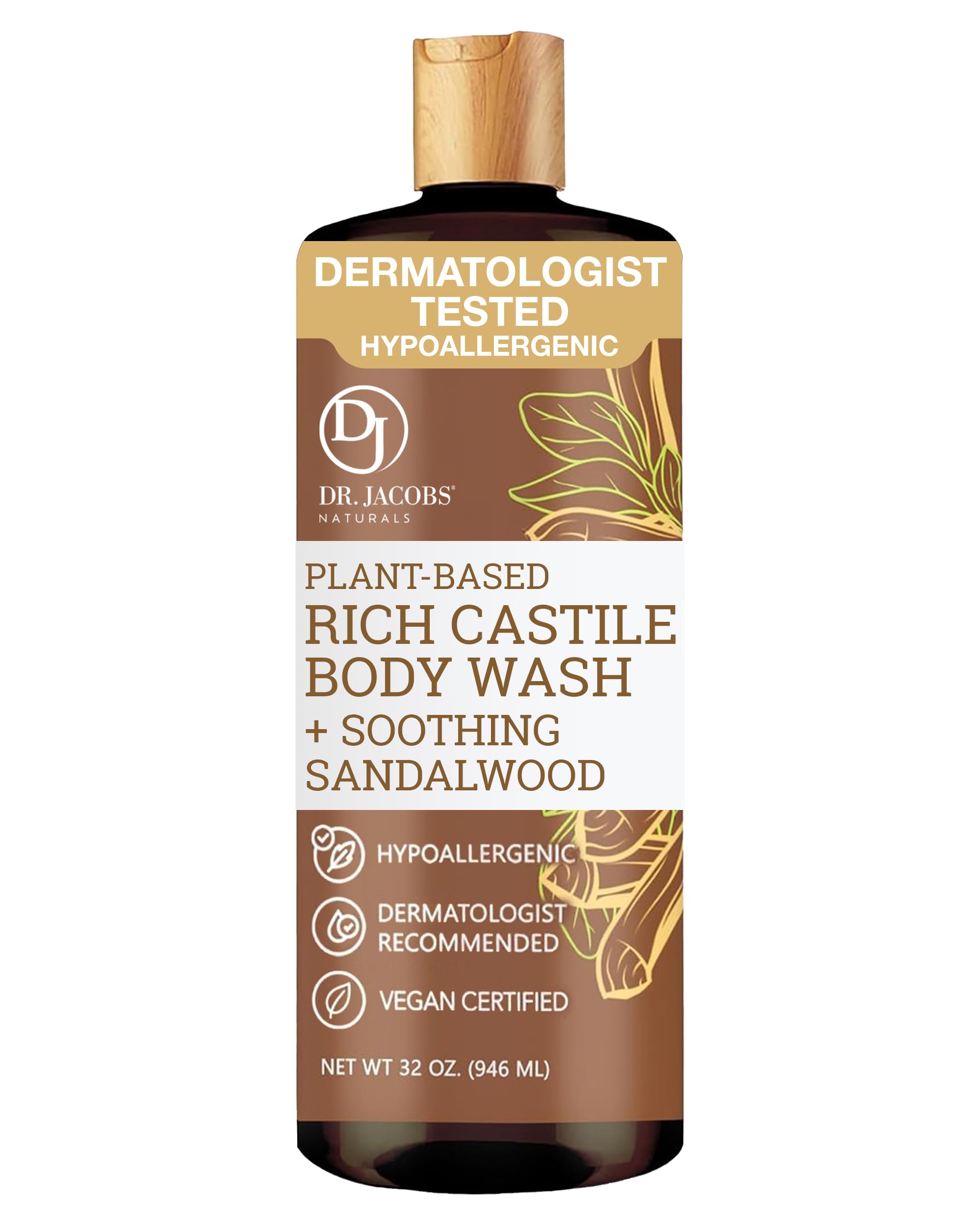 Dr. Jacobs Naturals Sandalwood castile soap bottle for a gentle cleanse with plant-based care.