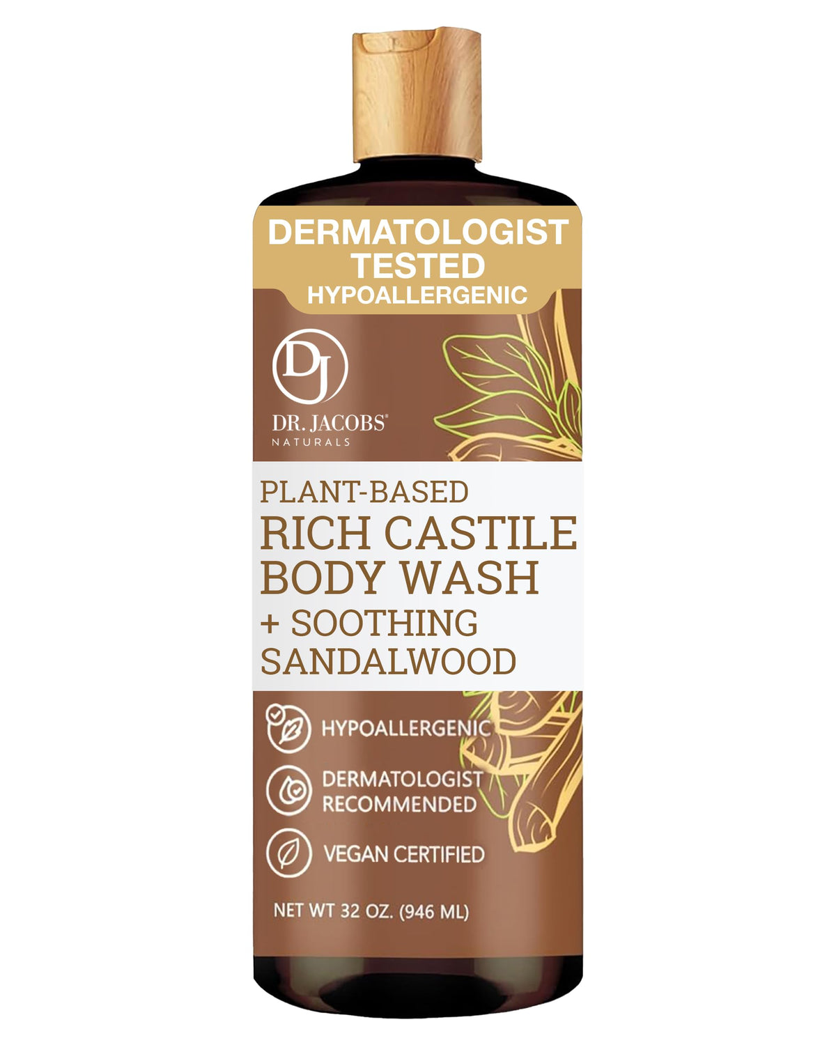 Dr. Jacobs Naturals Sandalwood castile soap bottle for a gentle cleanse with plant-based care.