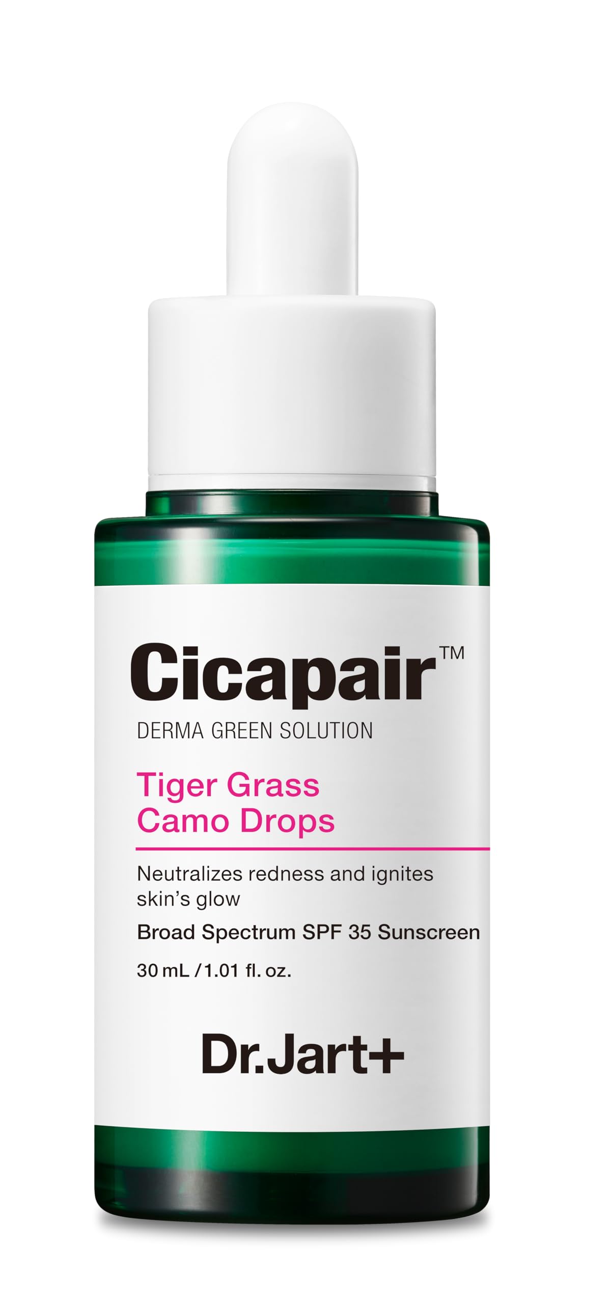 Dr.Jart+ Cicapair Camo Drops bottle with green-to-beige color correction for redness.