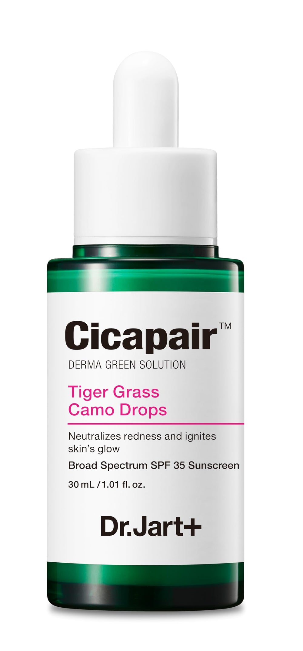 Dr.Jart+ Cicapair Camo Drops bottle with green-to-beige color correction for redness.