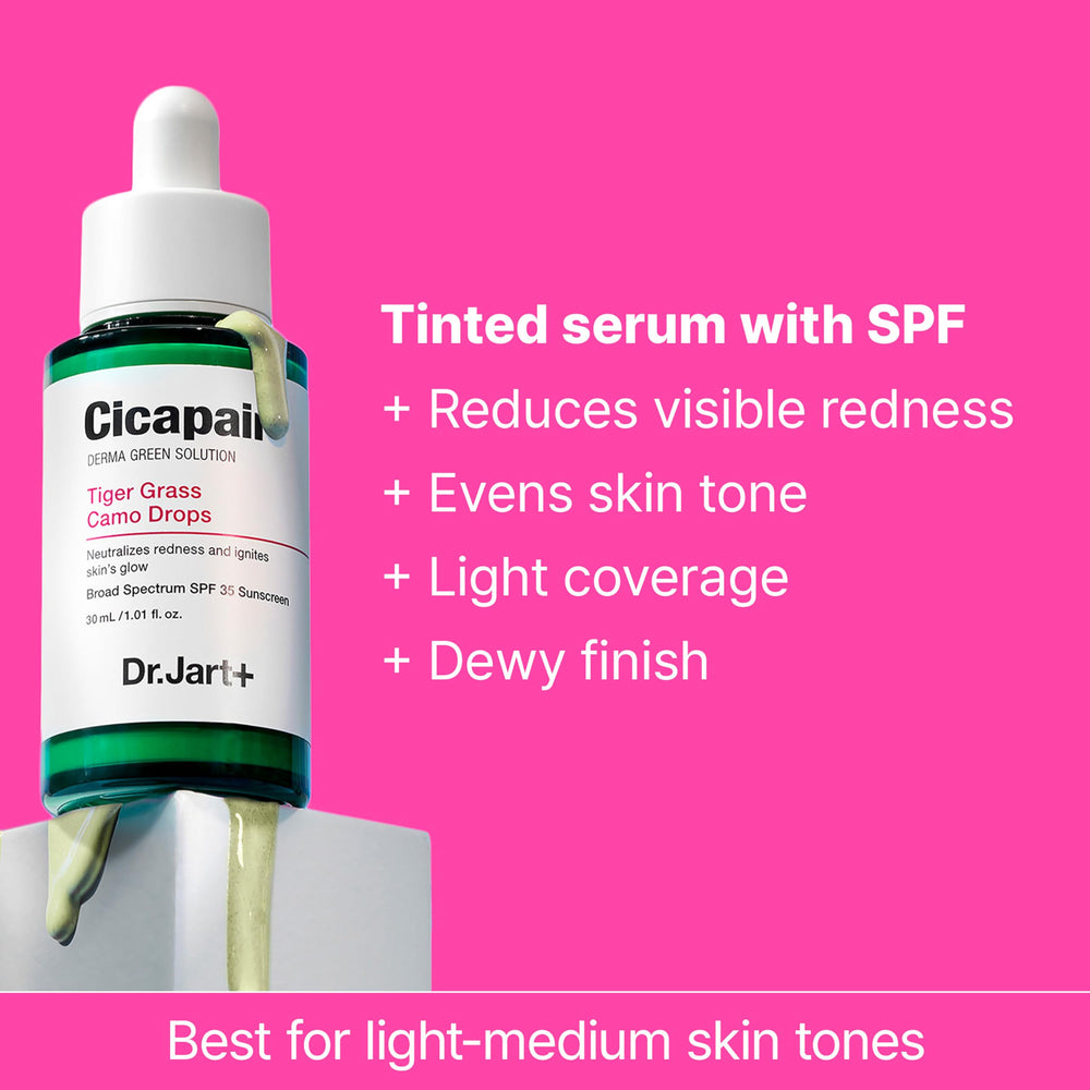 Green-to-beige tint blending into skin for a dewy, natural finish.