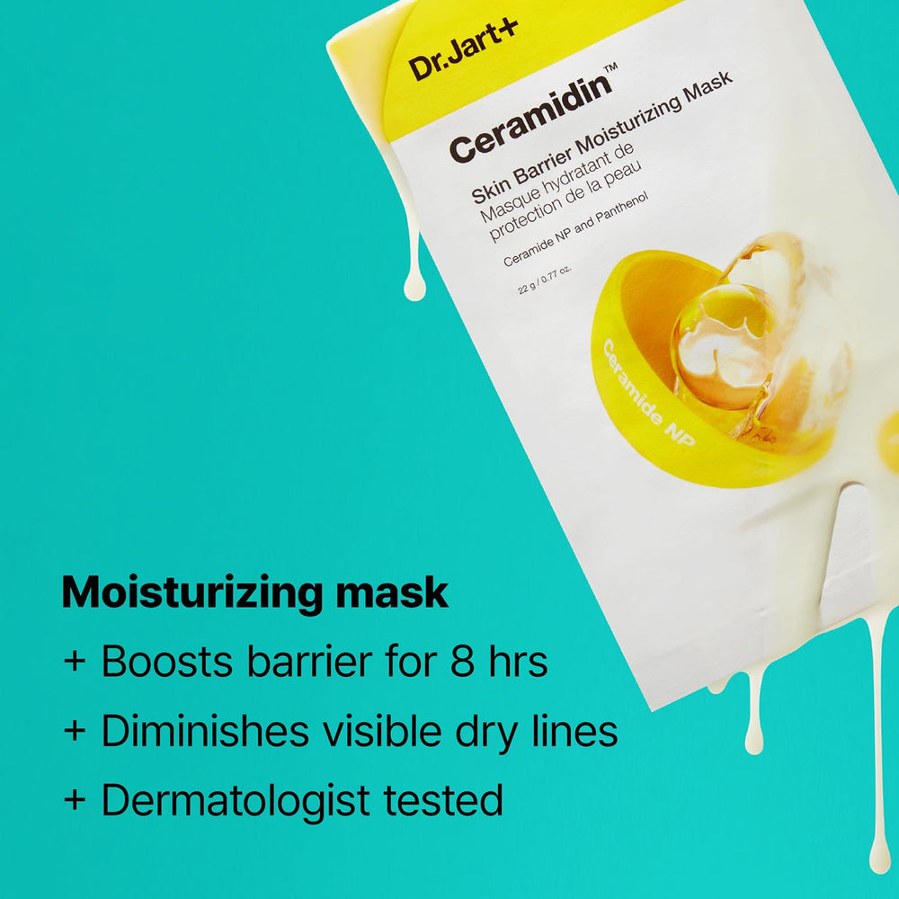 Dr.Jart+ Ceramidin sheet mask on skin delivering radiant hydration.