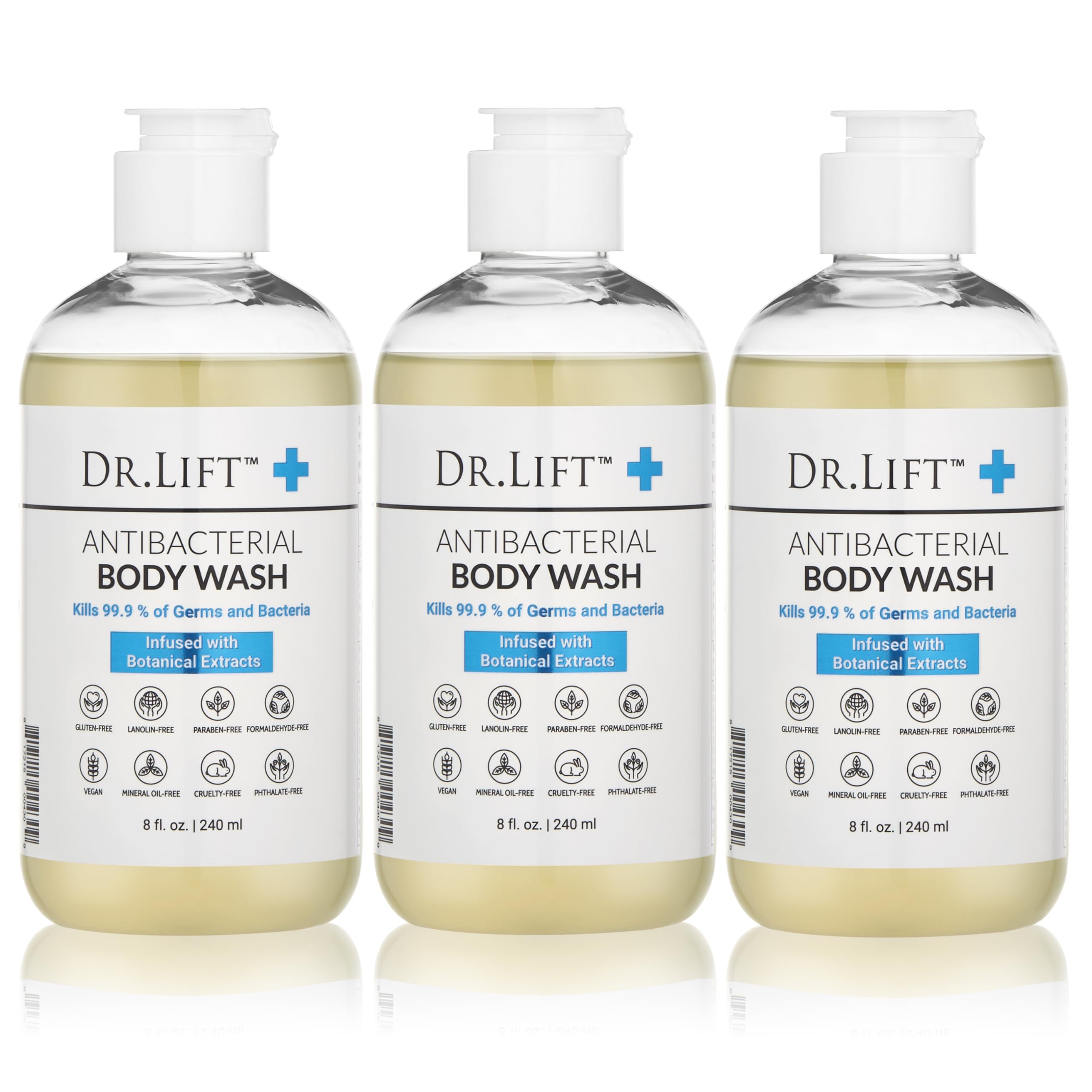 DR. LIFT antibacterial body wash 3-pack front bottle promotes clean feel and hydration