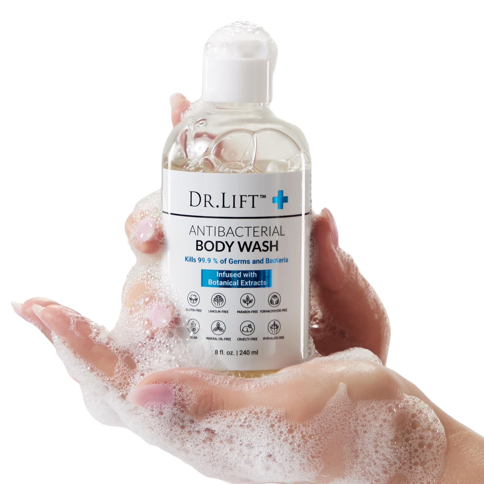 DR. LIFT antibacterial body wash 3-pack label detail showing California-made formula