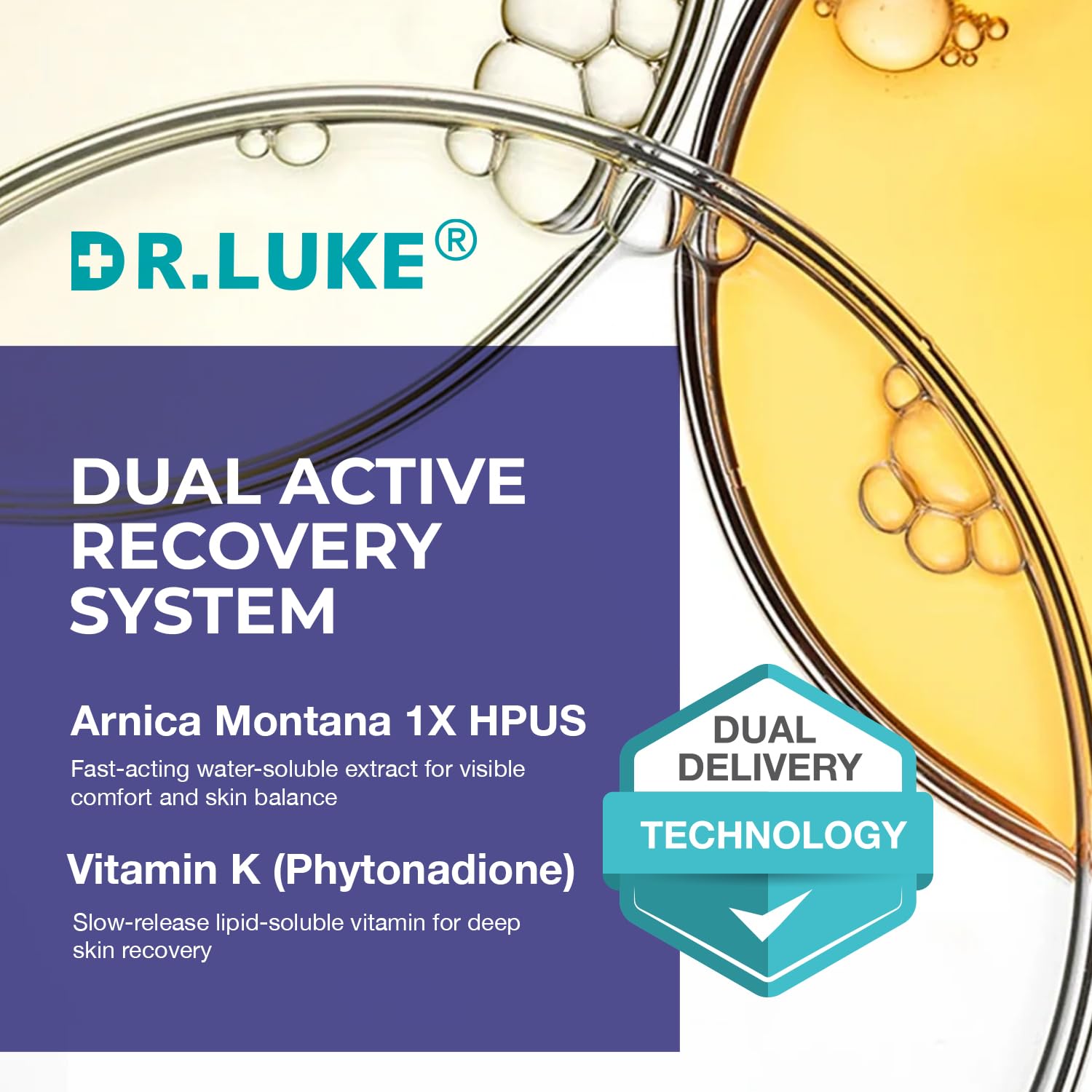 Dr. Luke Arnica Dual Delivery System graphic showing efficient ingredient delivery to the skin.