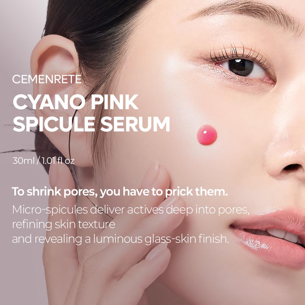 Dr.Melaxin Cemenrete Cyano Pink Serum vista trasera, destaca calcio y beneficios hidratantes.