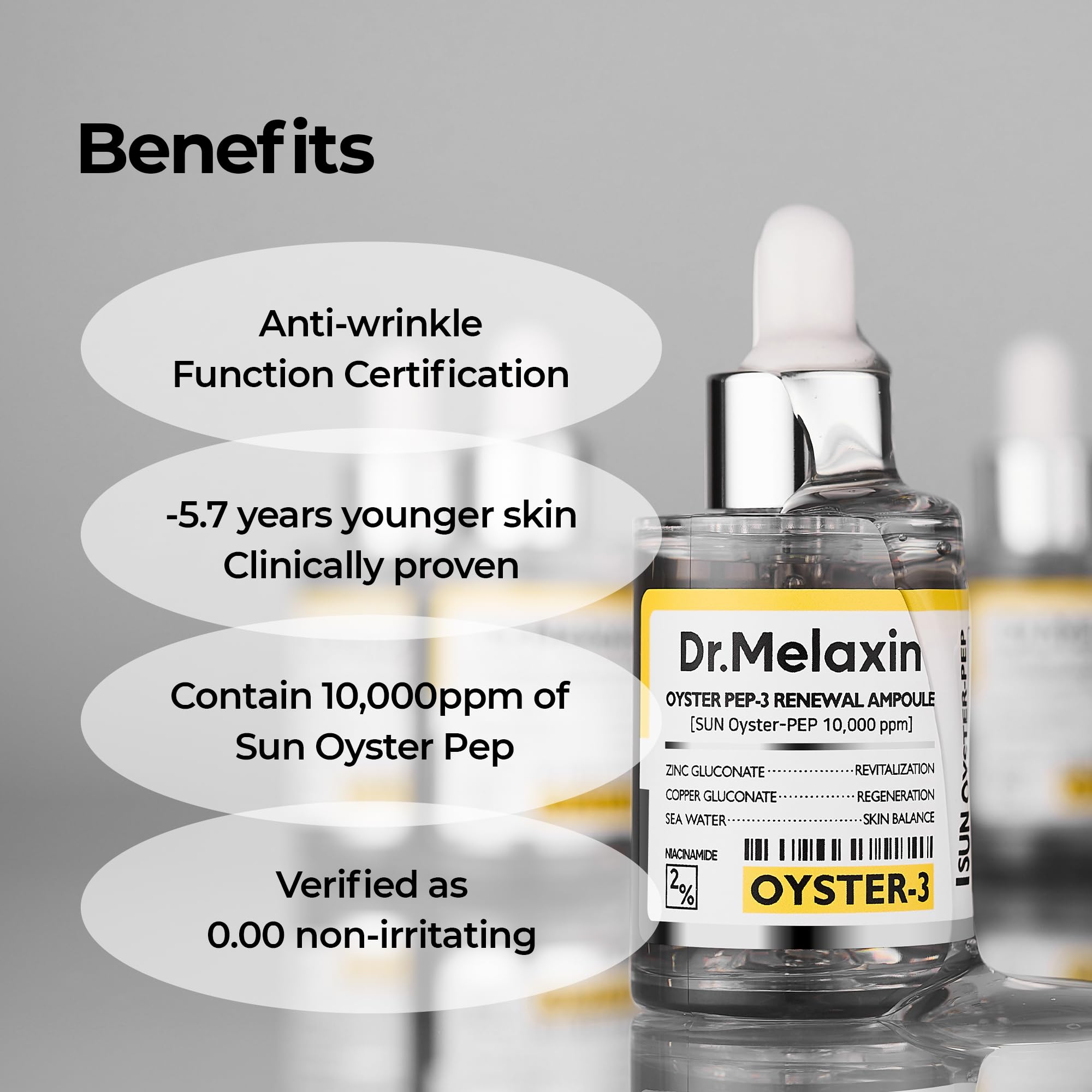 Dr.Melaxin Oyster Pep3 Renewal Ampoule ingredients highlight oyster extract and zinc