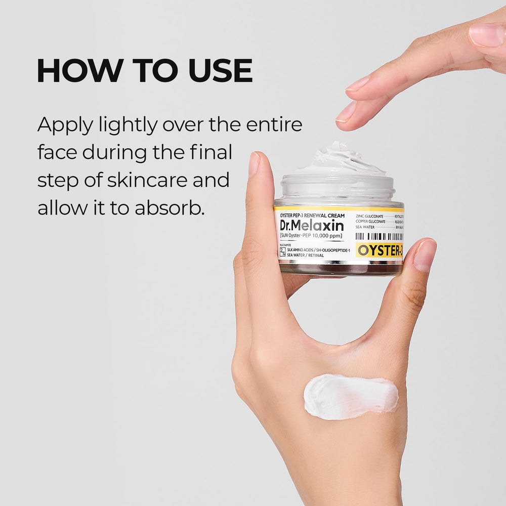Morning skincare setup featuring Dr.Melaxin Oyster Pep3 Renewal Cream bottle.
