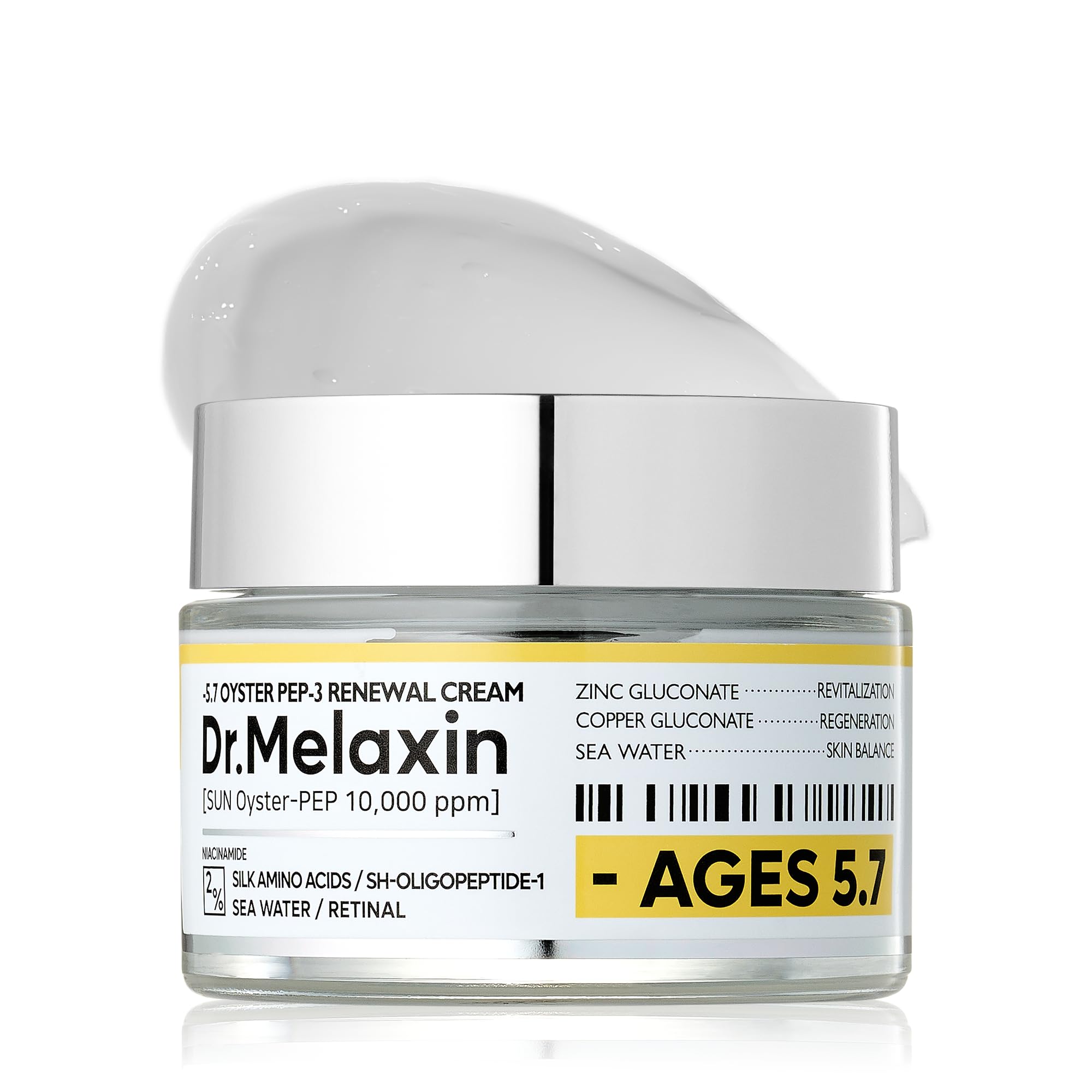Dr.Melaxin Oyster Pep3 Renewal Cream bottle close-up highlighting premium packaging and hydration.