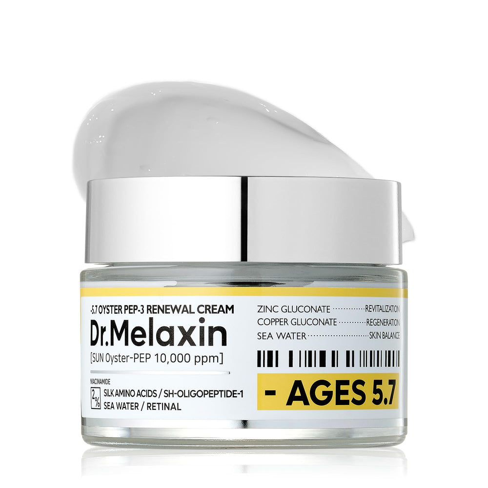 Dr.Melaxin Oyster Pep3 Renewal Cream bottle close-up highlighting premium packaging and hydration.