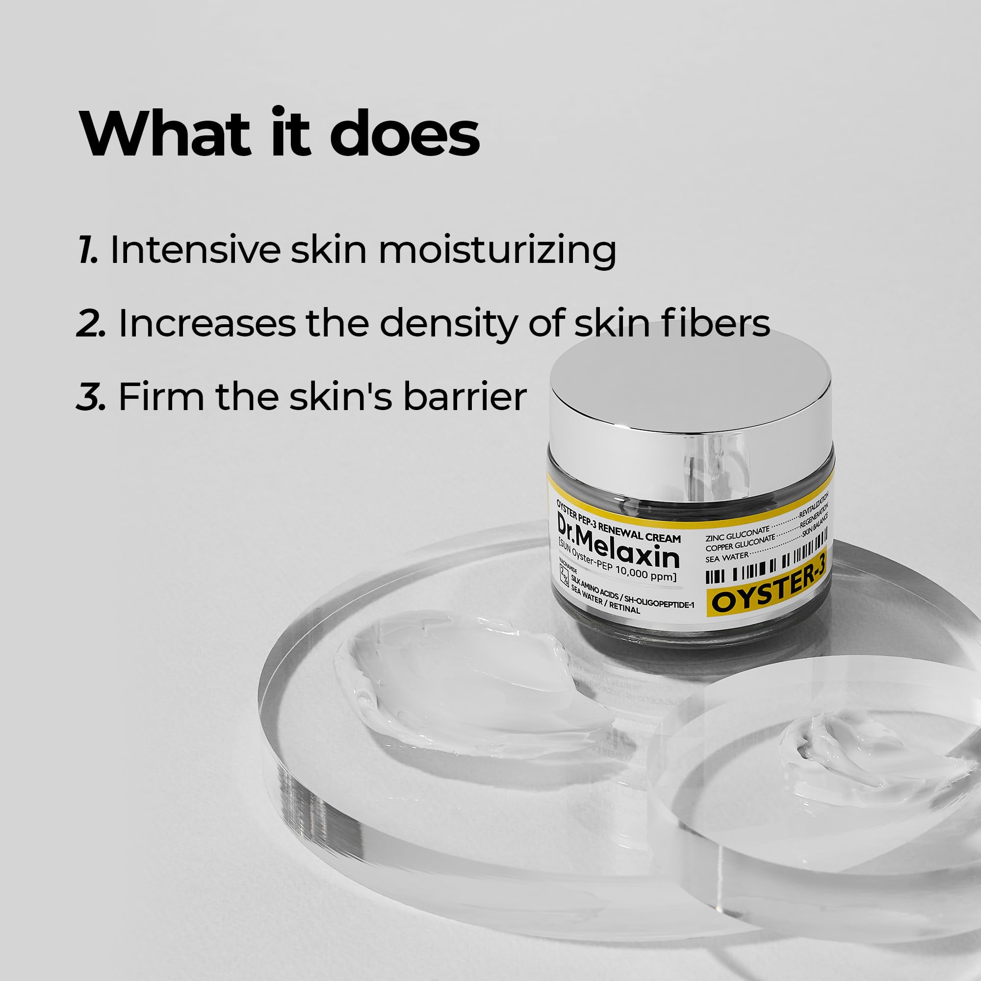 Dr.Melaxin Oyster Pep3 Renewal Cream on skin demonstrating wrinkle-care potential.