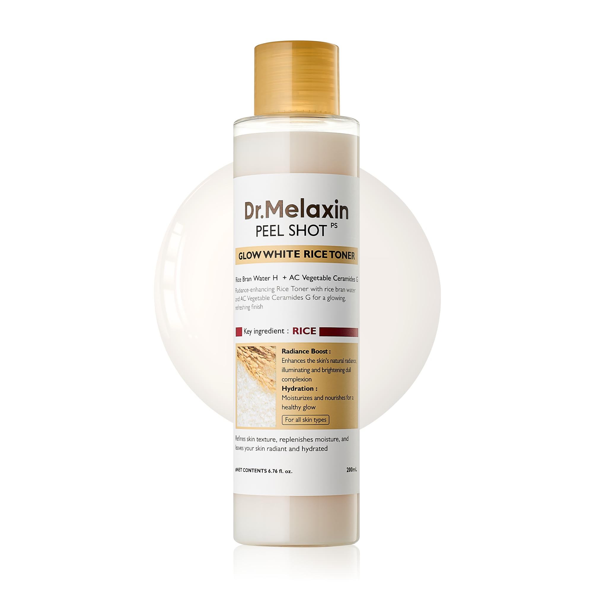 Dr.Melaxin Peel Shot Glow Rice Toner bottle promotes radiant, hydrated skin.