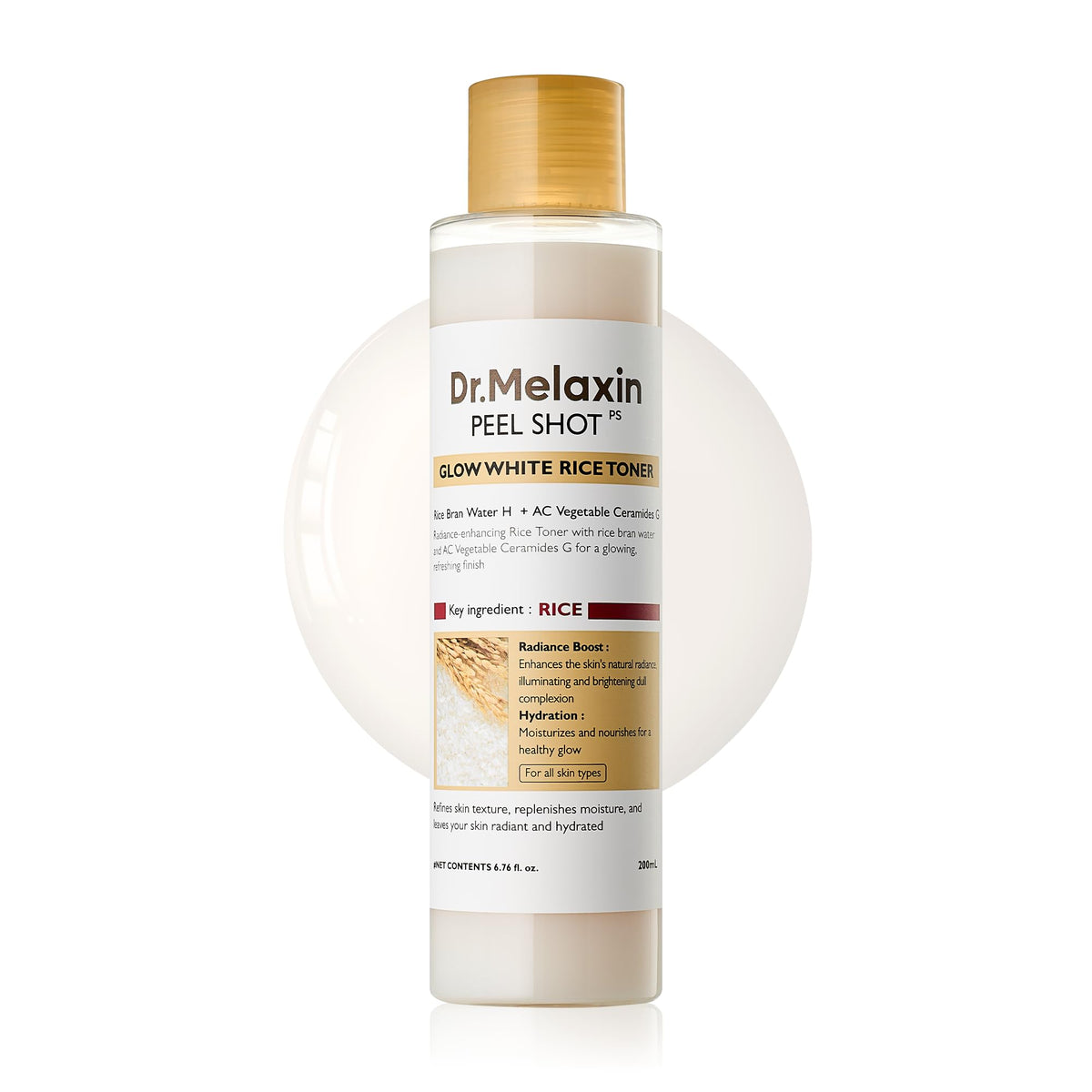 Dr.Melaxin Peel Shot Glow Rice Toner bottle promotes radiant, hydrated skin.