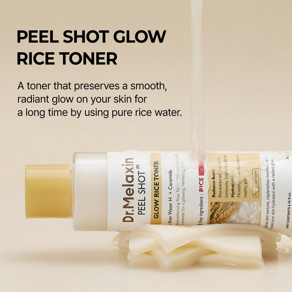 Dr.Melaxin Peel Shot Glow Rice Toner packaging closeup shows premium design and branding.