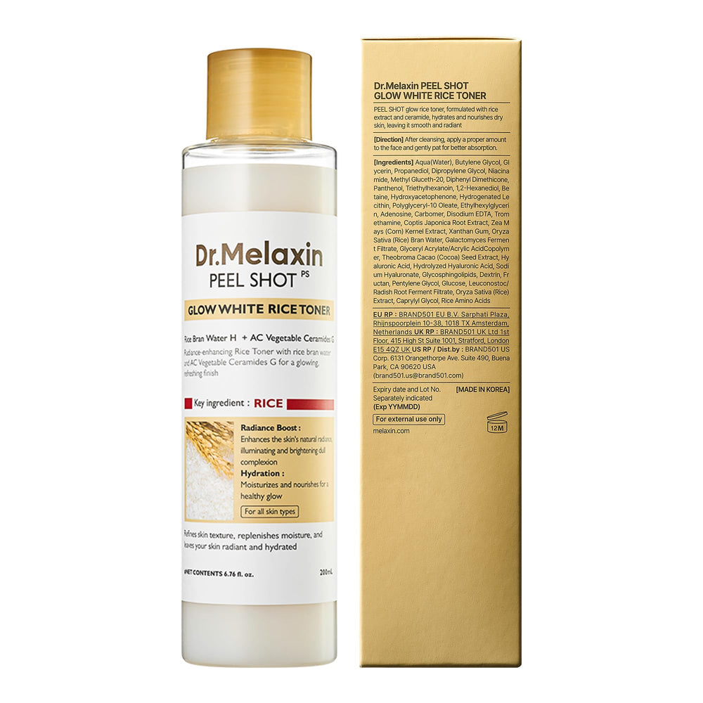 Packaging details on Dr.Melaxin Peel Shot Glow Rice Toner reinforce quality and trust.