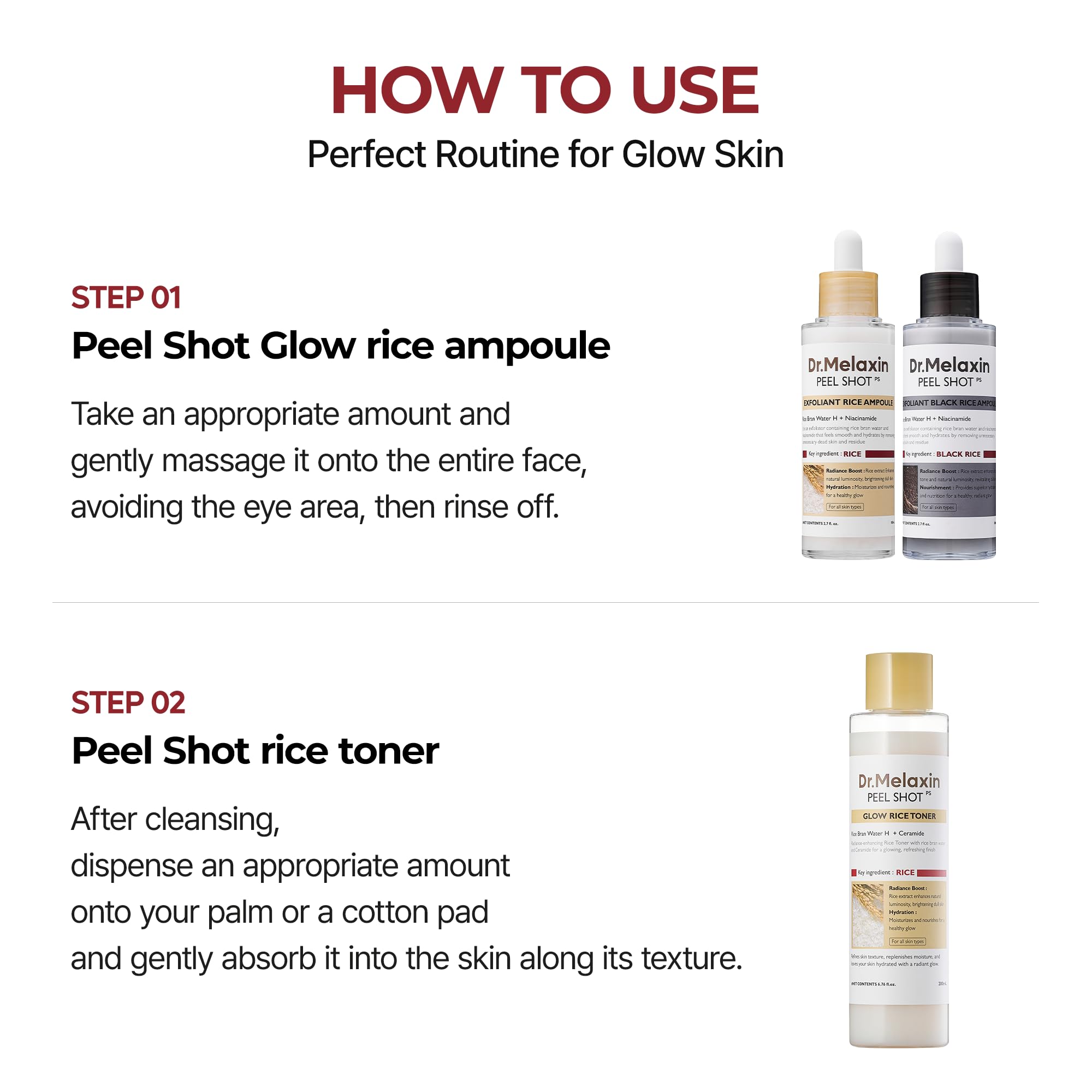Soothing ritual shot of Dr.Melaxin Peel Shot Glow Rice Toner imagery.