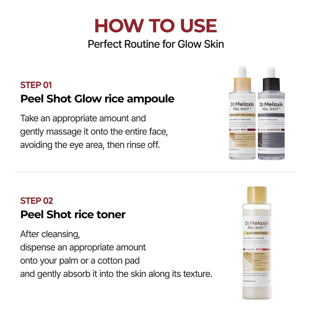 Soothing ritual shot of Dr.Melaxin Peel Shot Glow Rice Toner imagery.