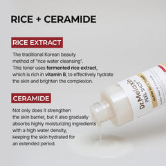 Texture closeup of Dr.Melaxin Peel Shot Glow Rice Toner highlights smooth, non-sticky feel.