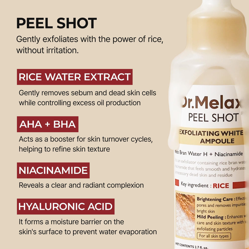 Dr.Melaxin Peel Shot Glow White Rice, niacinamida y extracto de arroz para tono uniforme.
