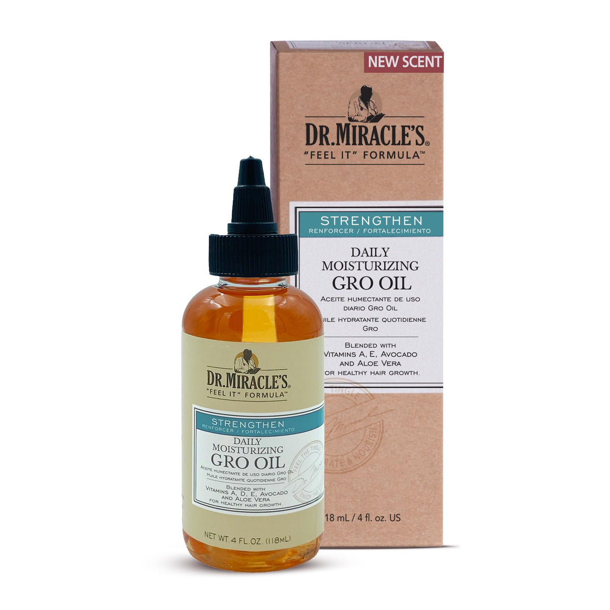 Dr. Miracle's Gro Oil bottle closeup highlighting scalp nourishment.