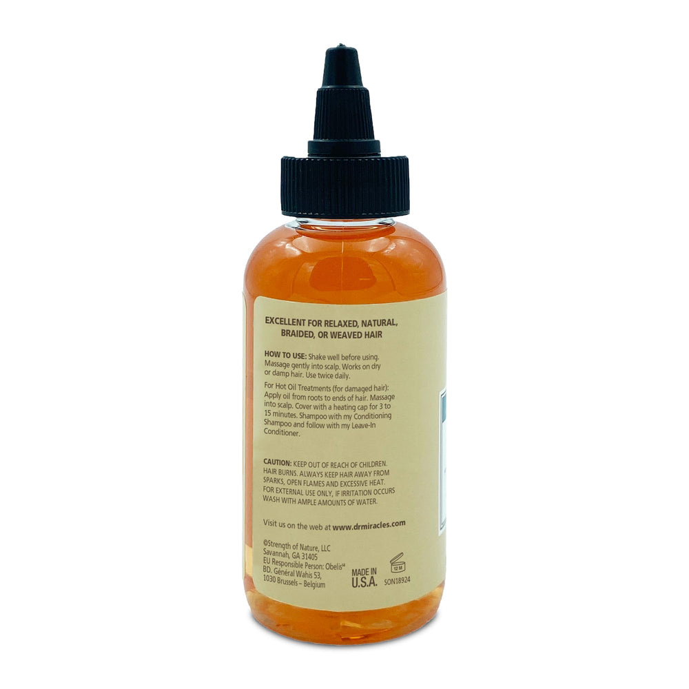 Dr. Miracle's Gro Oil packaging on travel-friendly 4 oz bottle.
