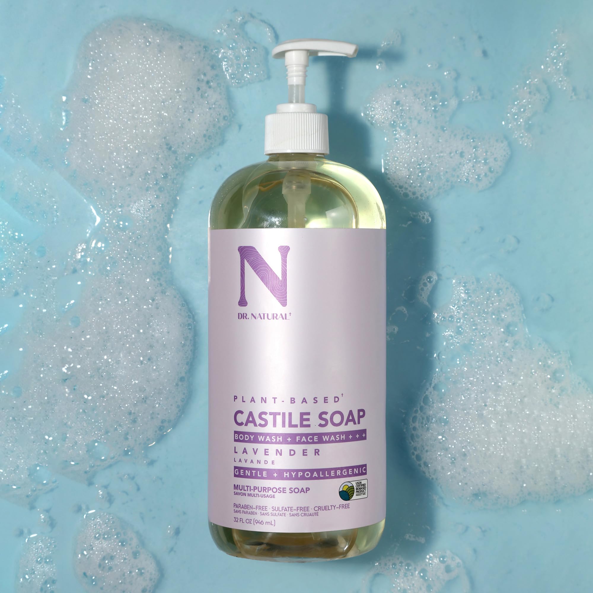 Clean, airy bathroom setup featuring the lavender Castile bottle.