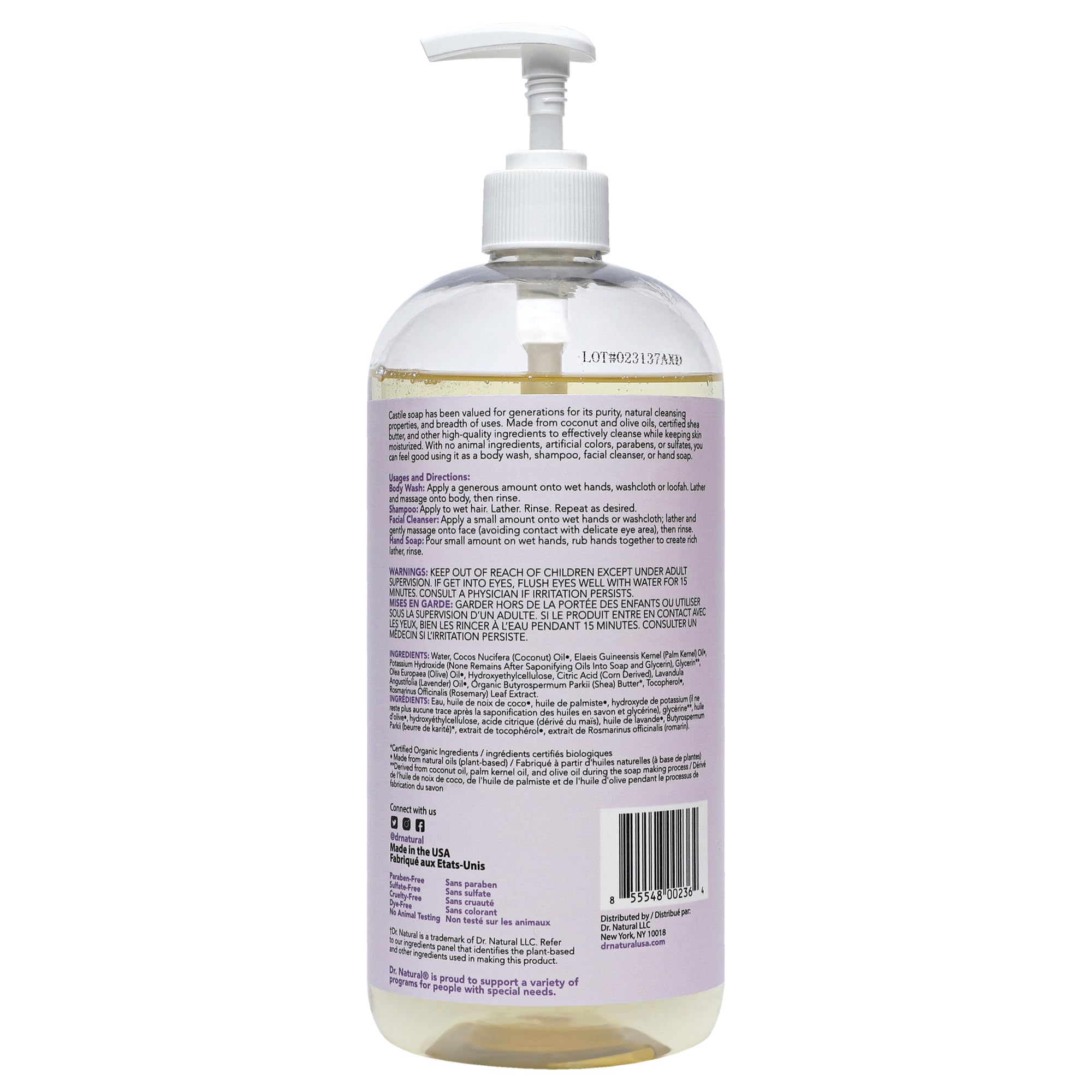 Family-friendly Castile soap for body, hair, and hands.