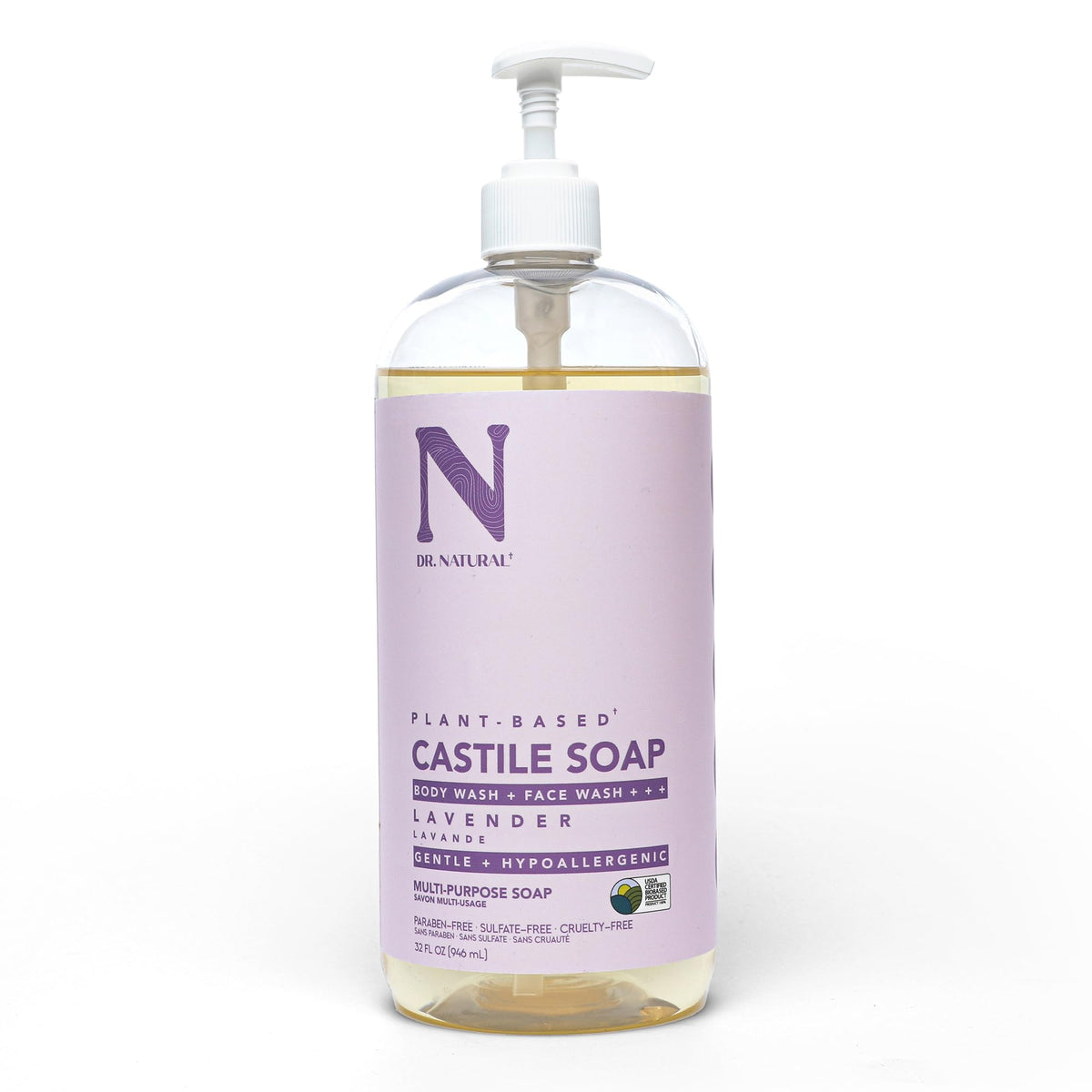 Dr. Natural Castile Lavender bottle showing gentle cleansing for skin.