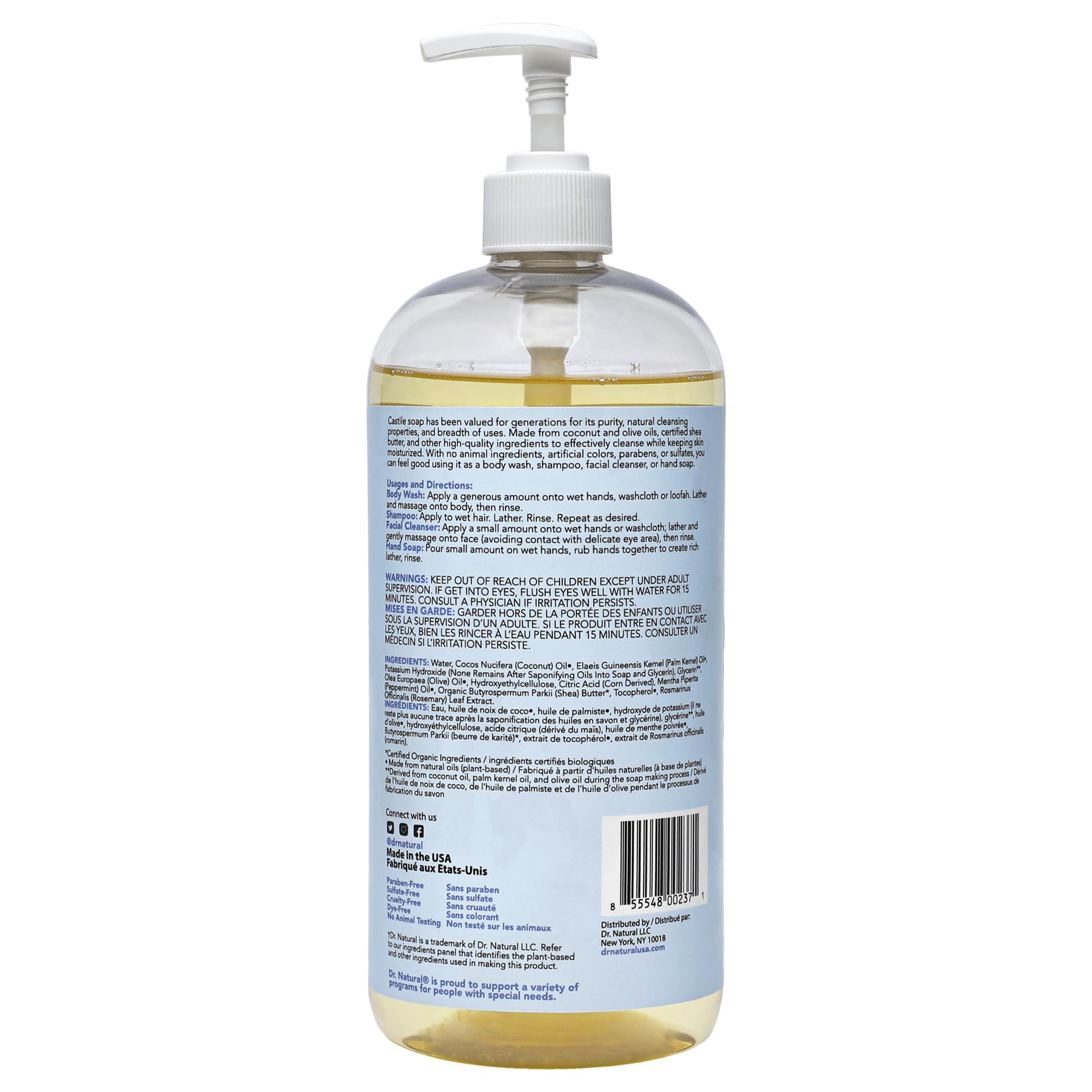 Dr. Natural Castile Soap showcases plant-based ingredients like coconut and olive oils.