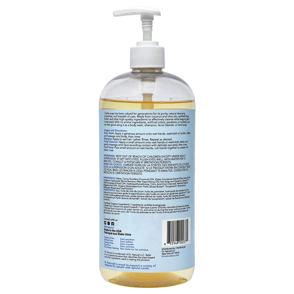 Dr. Natural Castile Soap showcases plant-based ingredients like coconut and olive oils.